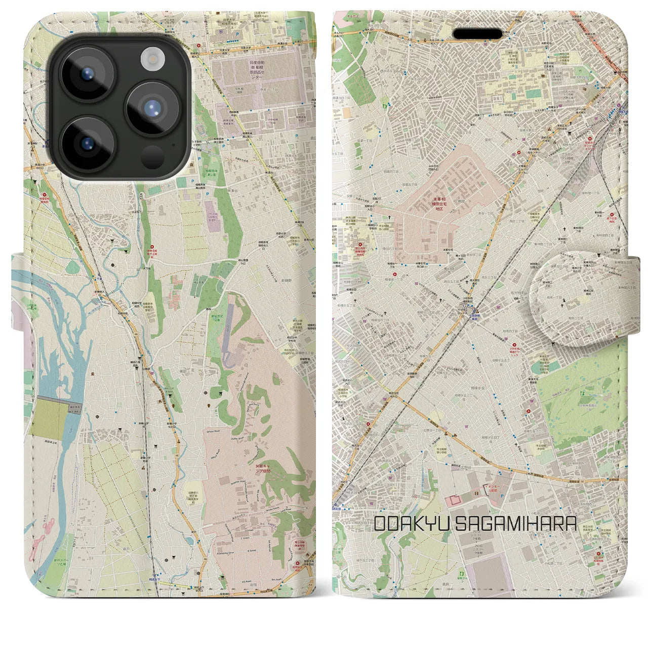 【小田急相模原(神奈川県)】地図柄iPhoneケース(手帳タイプ)ナチュラル・iPhone 15 Pro Max 用
