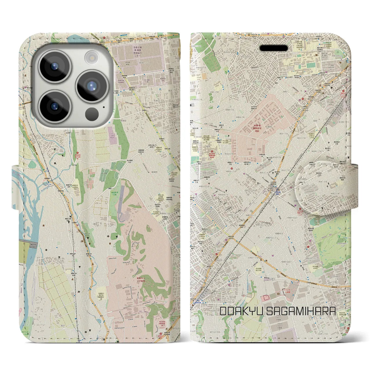 【小田急相模原(神奈川県)】地図柄iPhoneケース(手帳タイプ)ナチュラル・iPhone 15 Pro 用