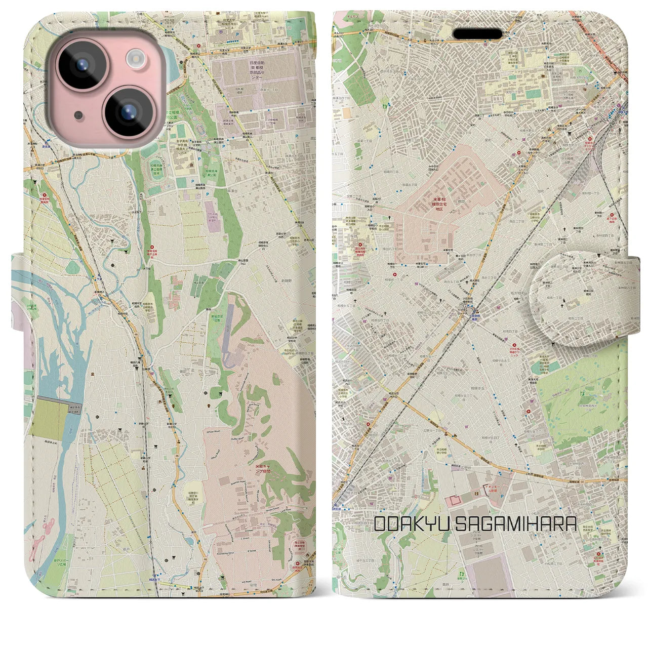 【小田急相模原(神奈川県)】地図柄iPhoneケース(手帳タイプ)ナチュラル・iPhone 15 Plus 用