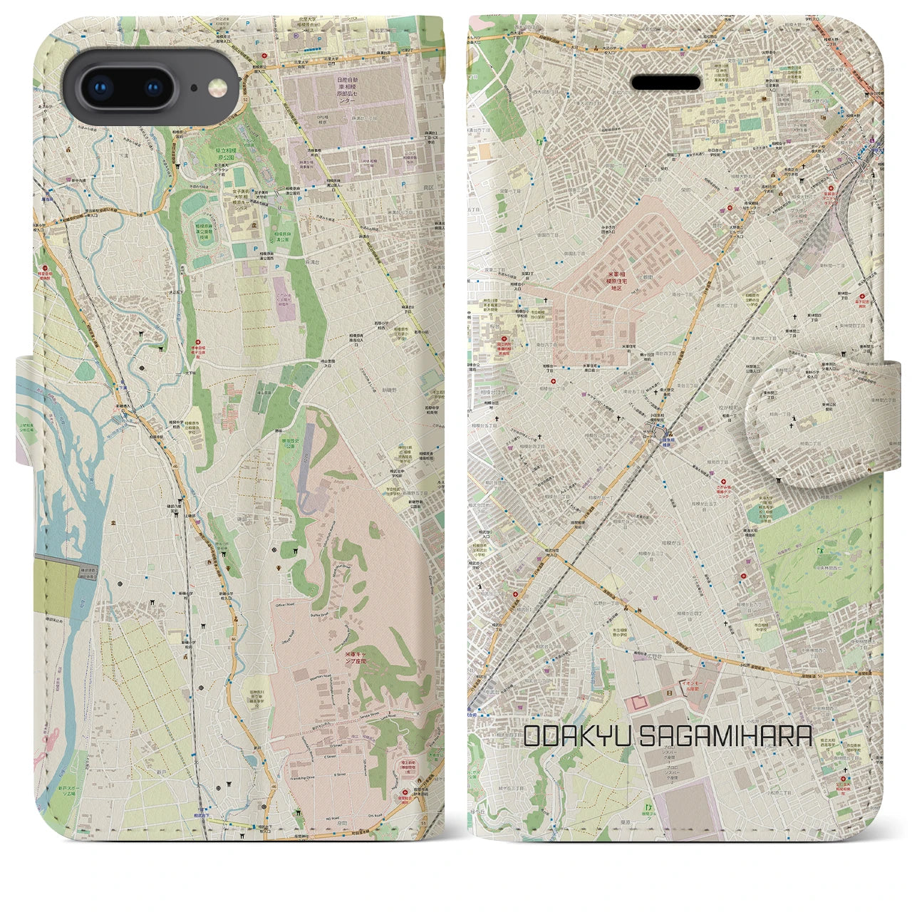 【小田急相模原(神奈川県)】地図柄iPhoneケース(手帳タイプ)ナチュラル・iPhone 8Plus /7Plus / 6sPlus / 6Plus 用