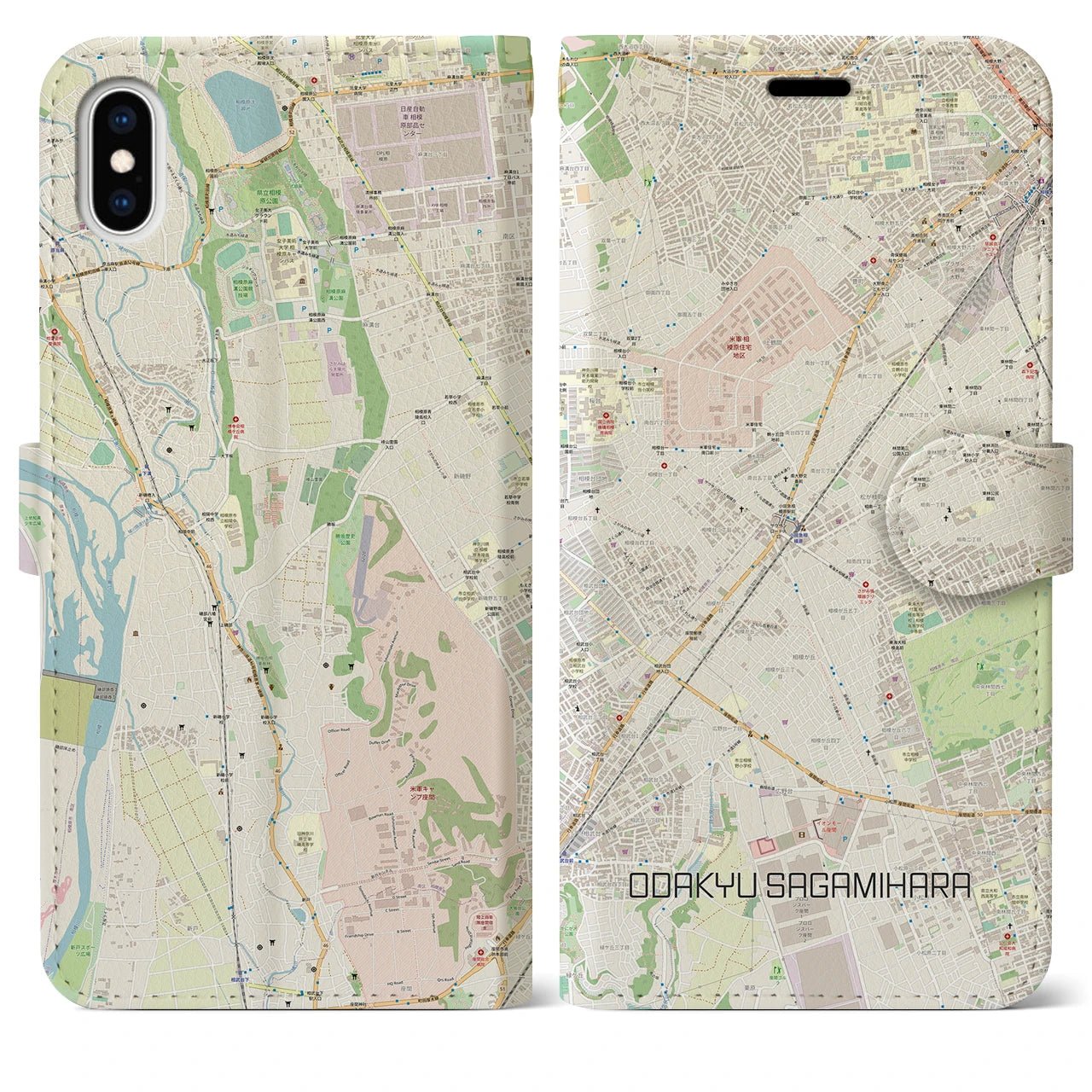 【小田急相模原(神奈川県)】地図柄iPhoneケース(手帳タイプ)ナチュラル・iPhone XS Max 用