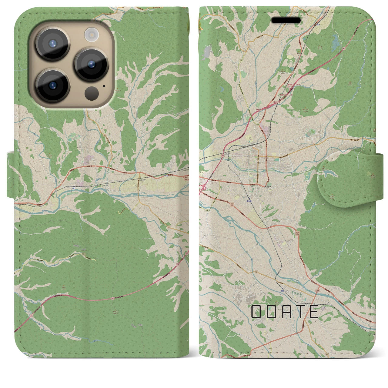【大館(秋田県)】地図柄iPhoneケース(手帳タイプ)ナチュラル・iPhone 14 Pro Max 用
