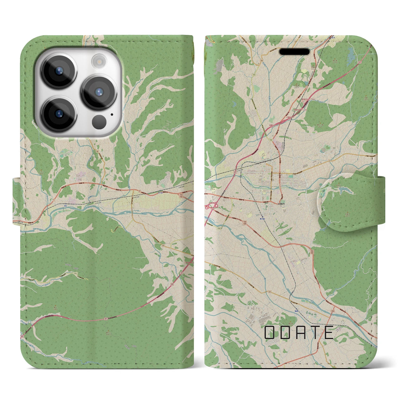 【大館(秋田県)】地図柄iPhoneケース(手帳タイプ)ナチュラル・iPhone 14 Pro 用