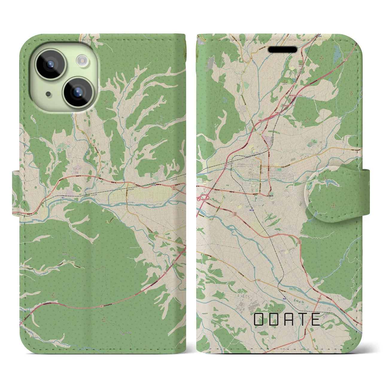 【大館(秋田県)】地図柄iPhoneケース(手帳タイプ)ナチュラル・iPhone 15 用
