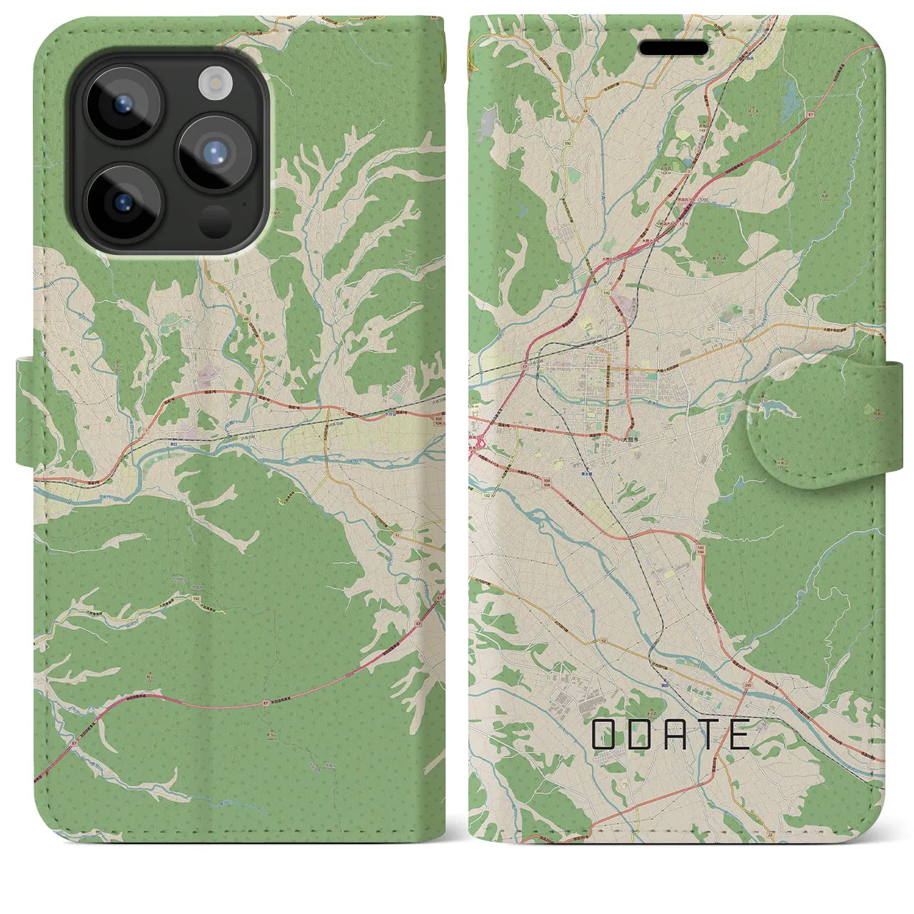 【大館(秋田県)】地図柄iPhoneケース(手帳タイプ)ナチュラル・iPhone 15 Pro Max 用