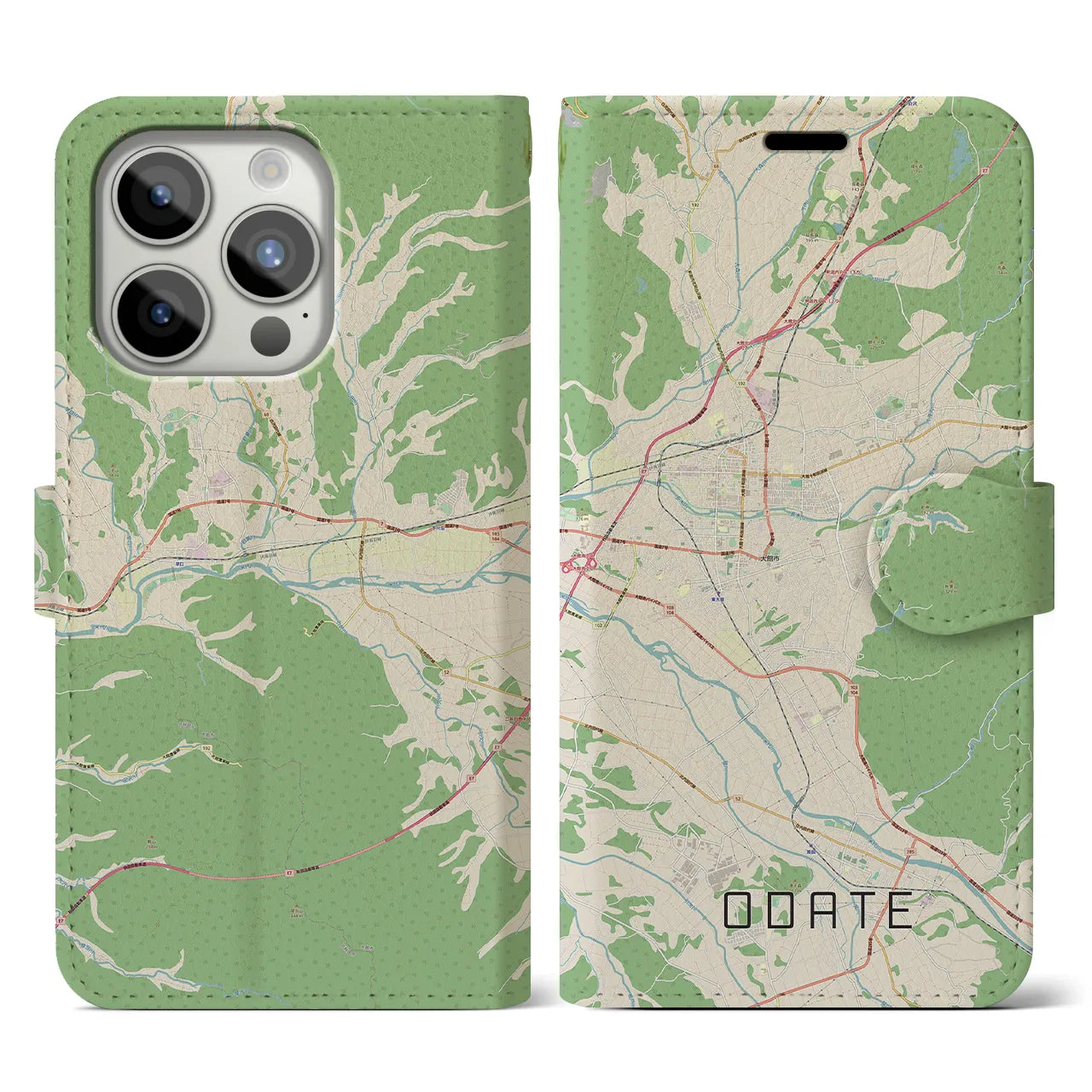 【大館(秋田県)】地図柄iPhoneケース(手帳タイプ)ナチュラル・iPhone 15 Pro 用