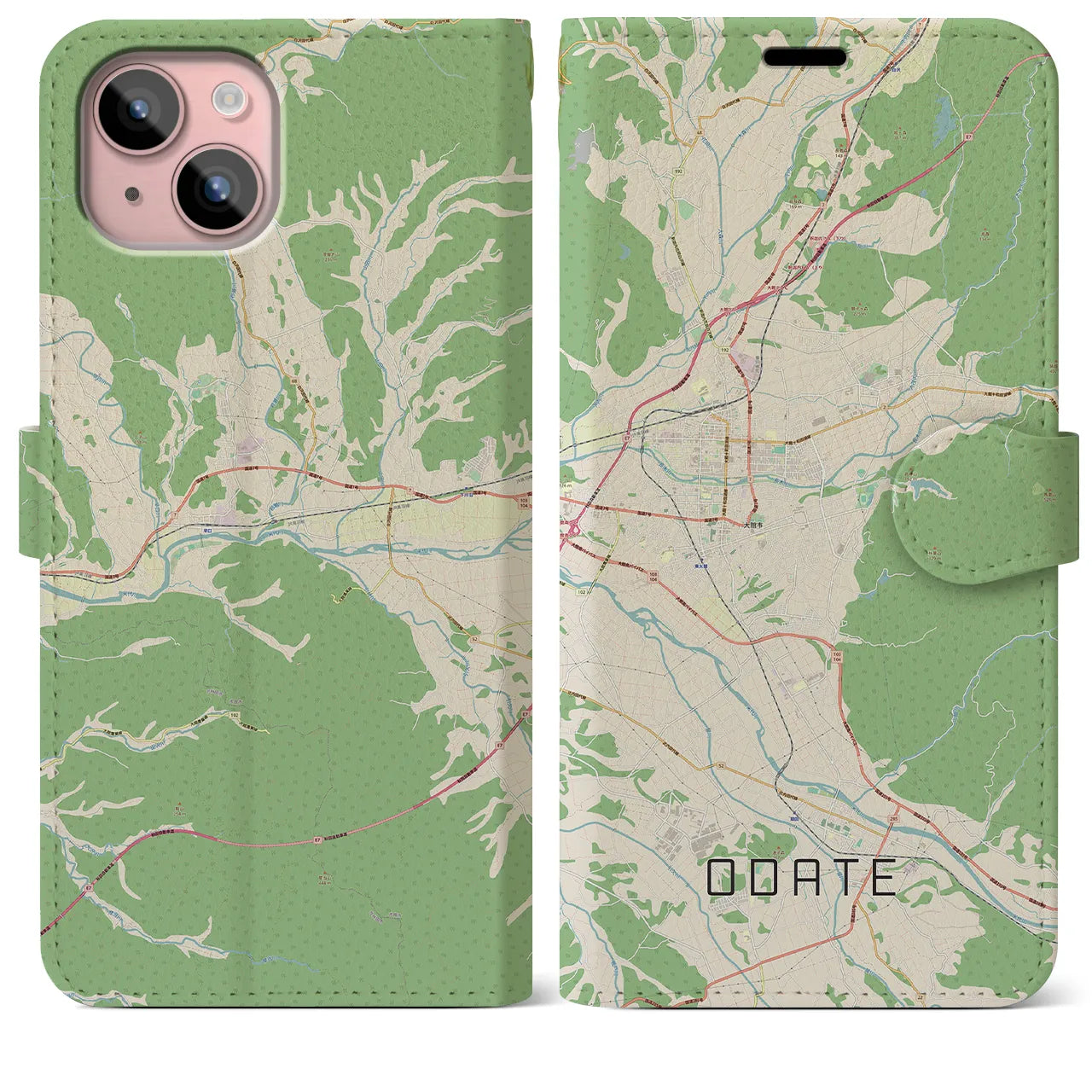 【大館(秋田県)】地図柄iPhoneケース(手帳タイプ)ナチュラル・iPhone 15 Plus 用