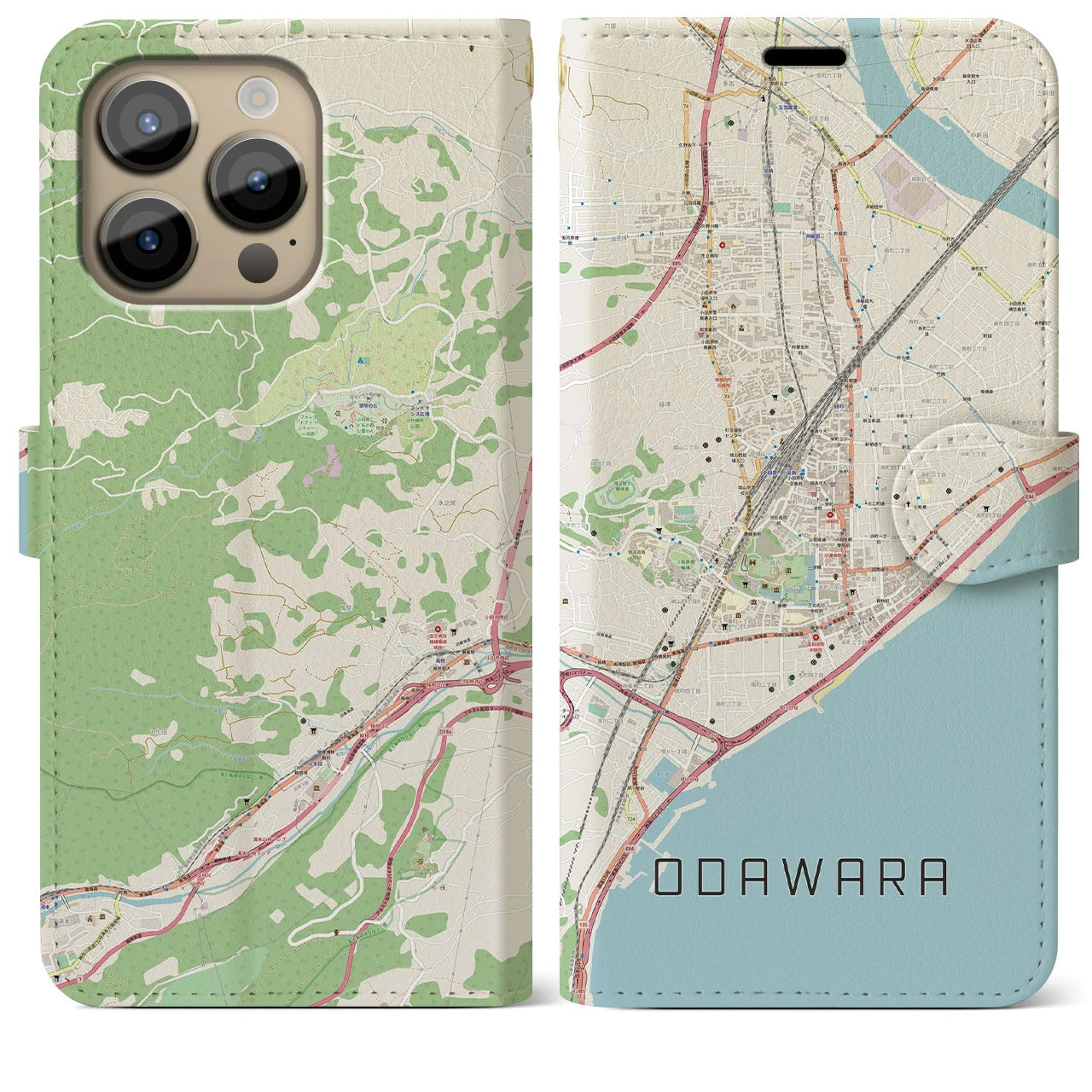【小田原(神奈川県)】地図柄iPhoneケース(手帳タイプ)ナチュラル・iPhone 14 Pro Max 用