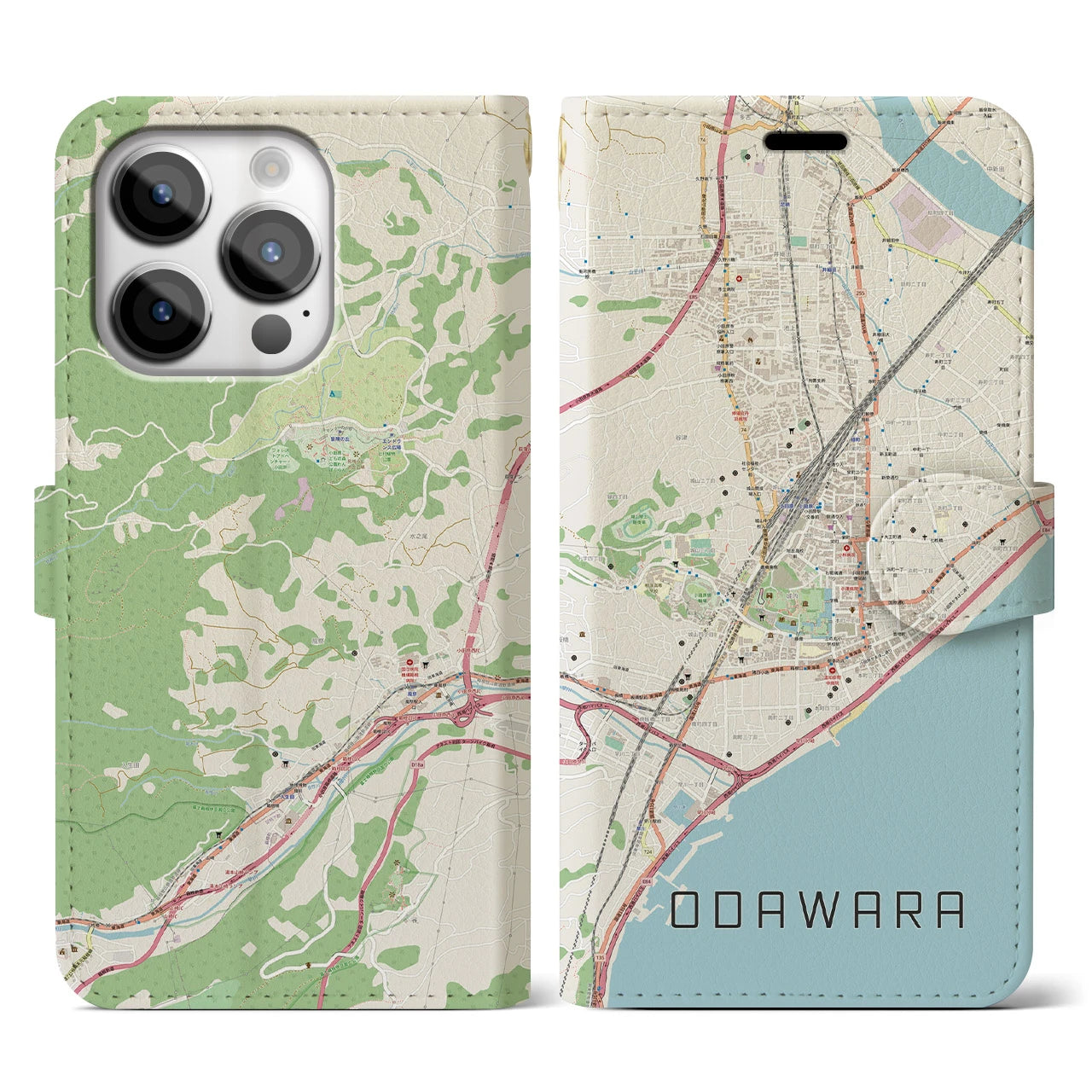 【小田原(神奈川県)】地図柄iPhoneケース(手帳タイプ)ナチュラル・iPhone 14 Pro 用