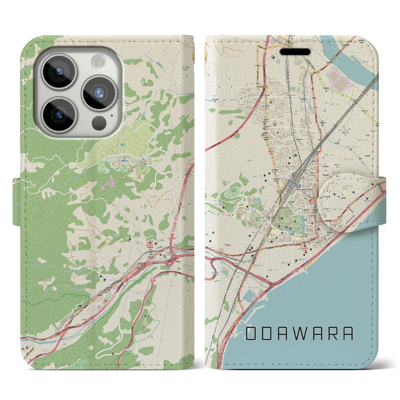 【小田原(神奈川県)】地図柄iPhoneケース(手帳タイプ)ナチュラル・iPhone 15 Pro 用