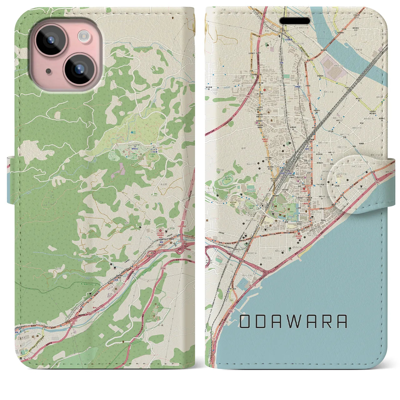 【小田原(神奈川県)】地図柄iPhoneケース(手帳タイプ)ナチュラル・iPhone 15 Plus 用