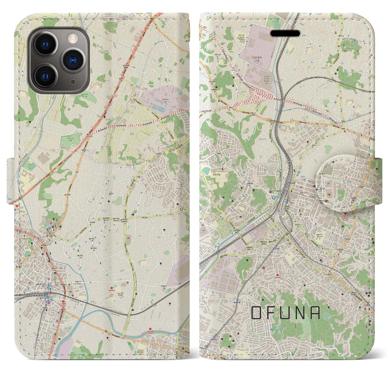 【大船(神奈川県)】地図柄iPhoneケース(手帳タイプ)ナチュラル・iPhone 11 Pro Max 用