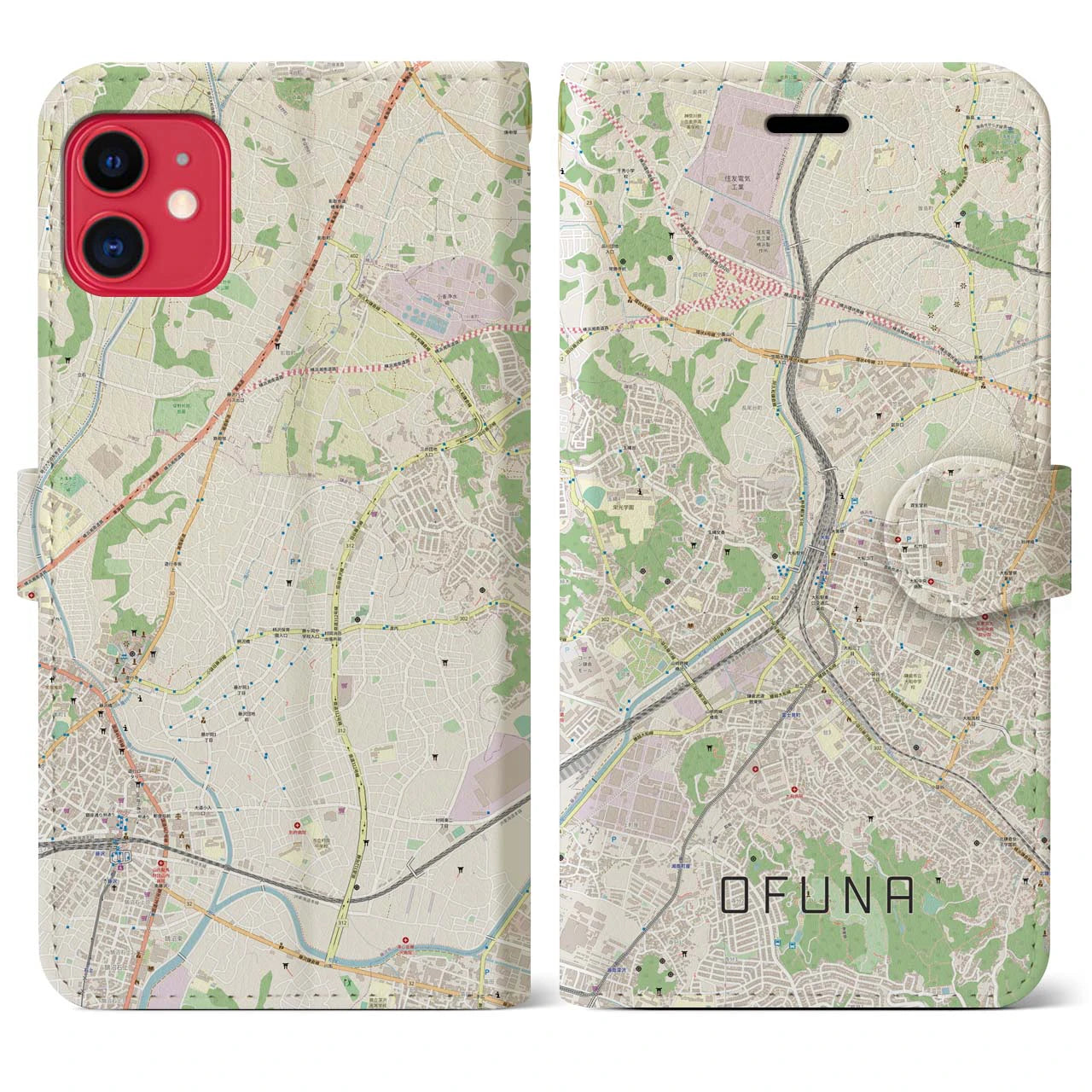 【大船(神奈川県)】地図柄iPhoneケース(手帳タイプ)ナチュラル・iPhone 11 用