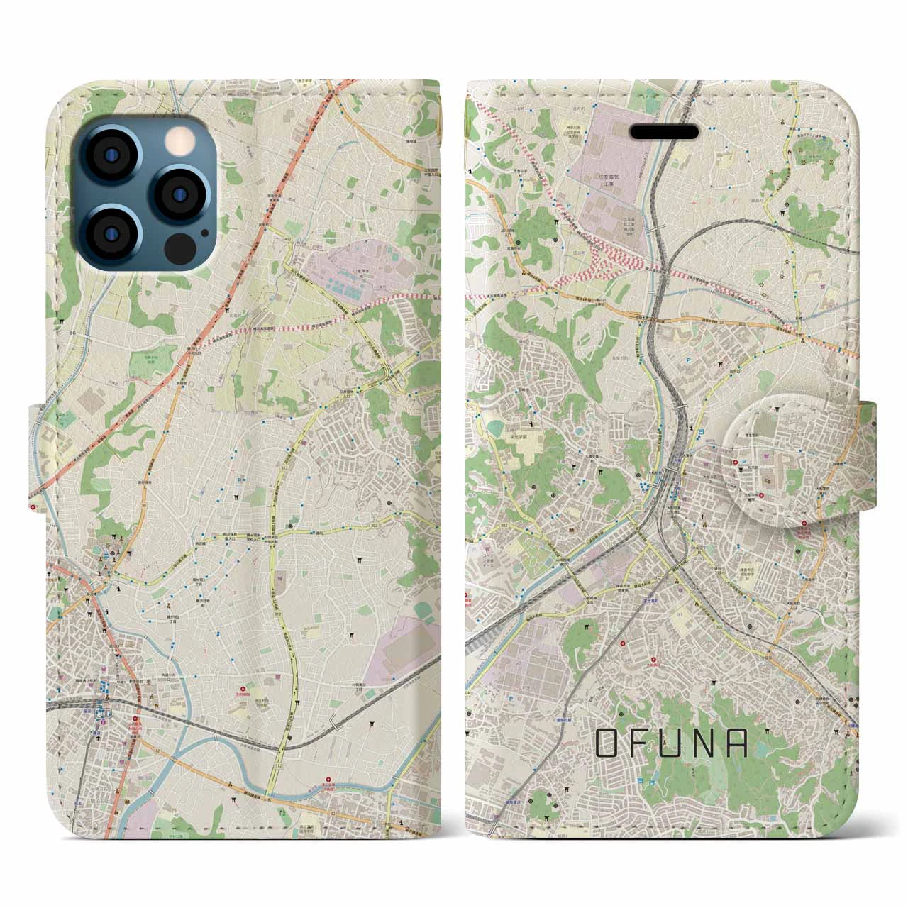 【大船(神奈川県)】地図柄iPhoneケース(手帳タイプ)ナチュラル・iPhone 12 / 12 Pro 用