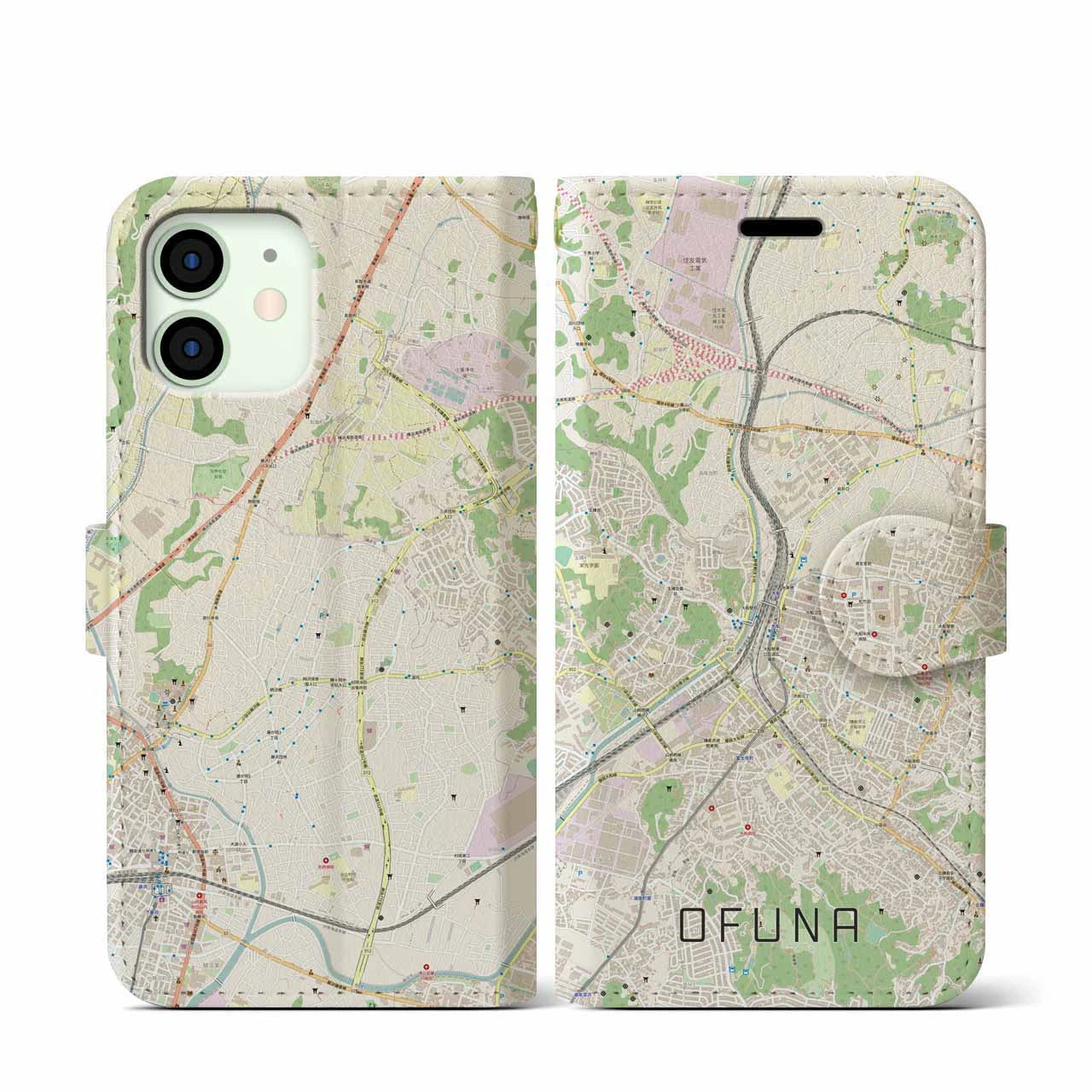 【大船(神奈川県)】地図柄iPhoneケース(手帳タイプ)ナチュラル・iPhone 12 mini 用