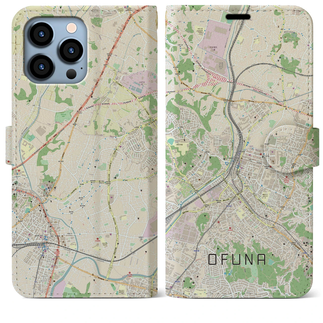 【大船(神奈川県)】地図柄iPhoneケース(手帳タイプ)ナチュラル・iPhone 13 Pro Max 用