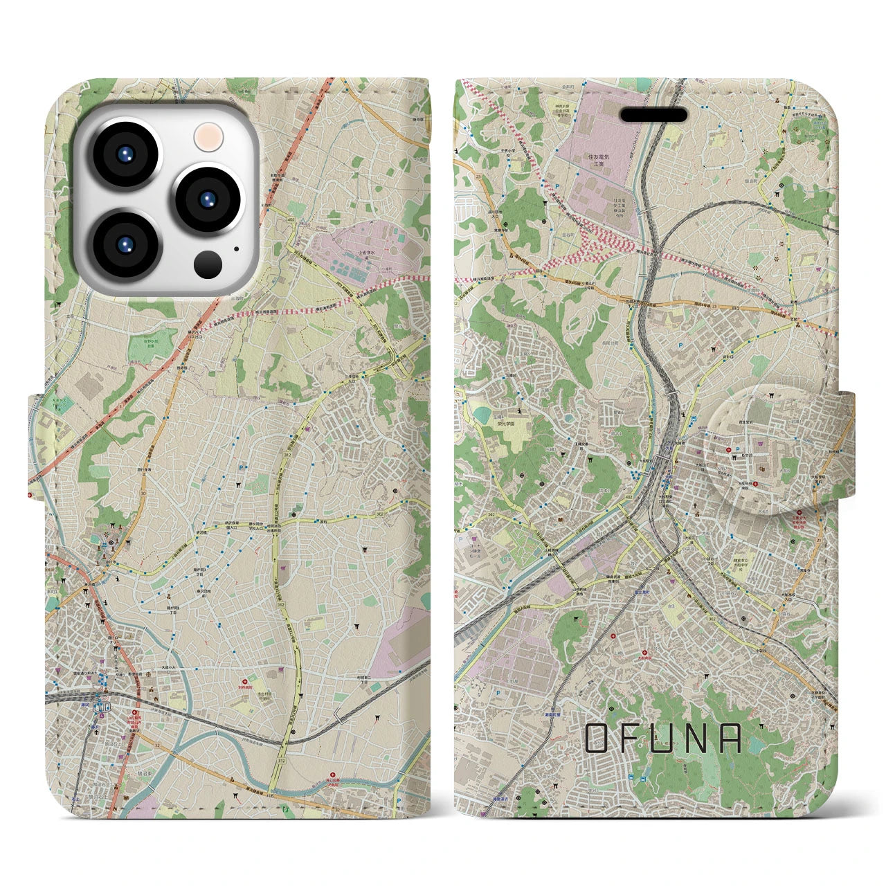 【大船(神奈川県)】地図柄iPhoneケース(手帳タイプ)ナチュラル・iPhone 13 Pro 用
