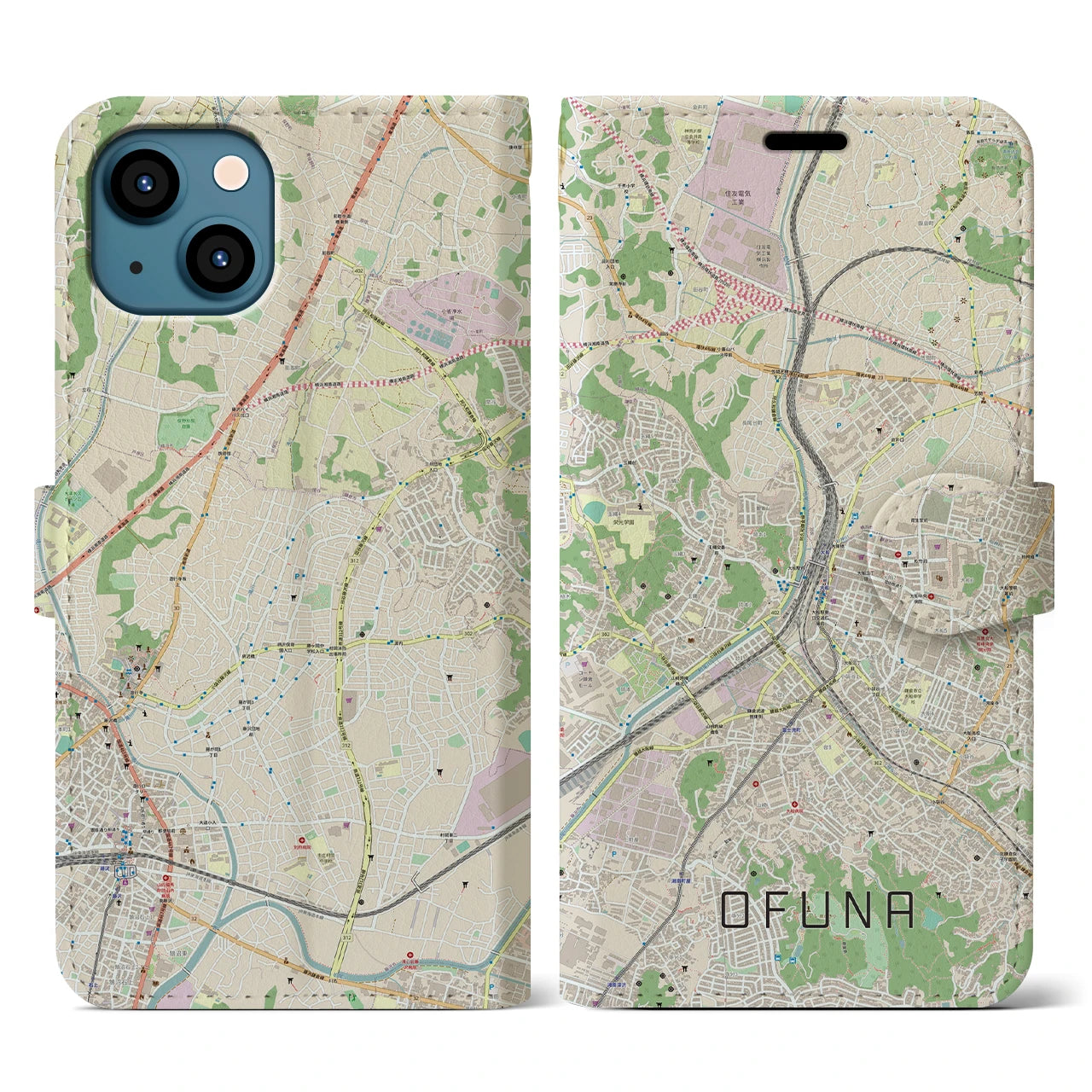 【大船(神奈川県)】地図柄iPhoneケース(手帳タイプ)ナチュラル・iPhone 13 用