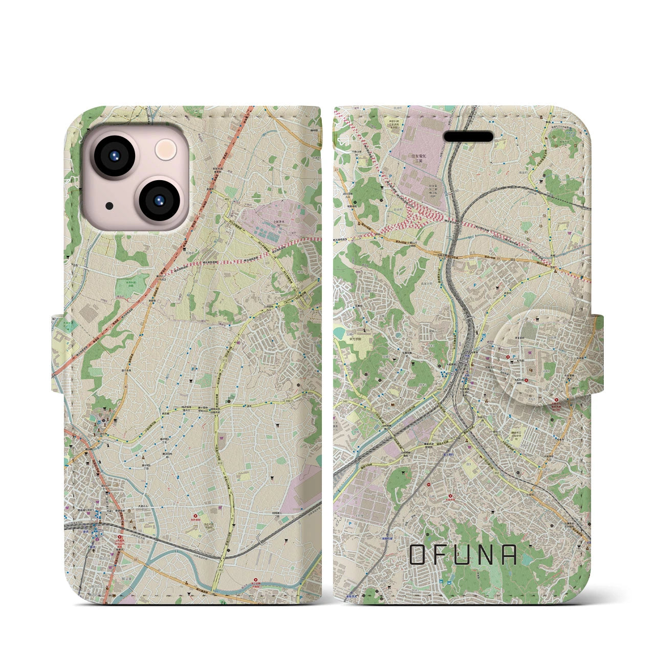 【大船(神奈川県)】地図柄iPhoneケース(手帳タイプ)ナチュラル・iPhone 13 mini 用
