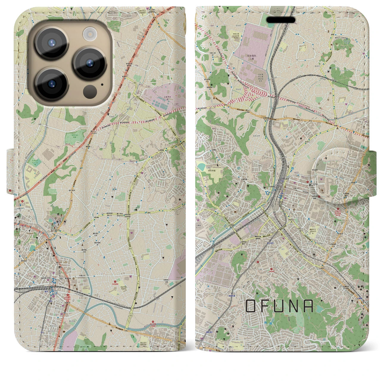 【大船(神奈川県)】地図柄iPhoneケース(手帳タイプ)ナチュラル・iPhone 14 Pro Max 用