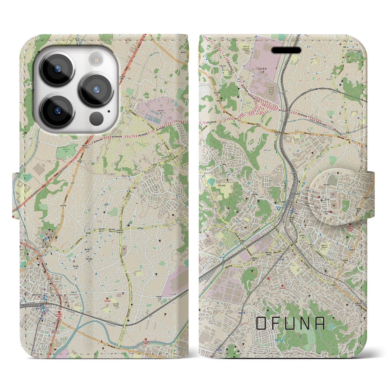 【大船(神奈川県)】地図柄iPhoneケース(手帳タイプ)ナチュラル・iPhone 14 Pro 用