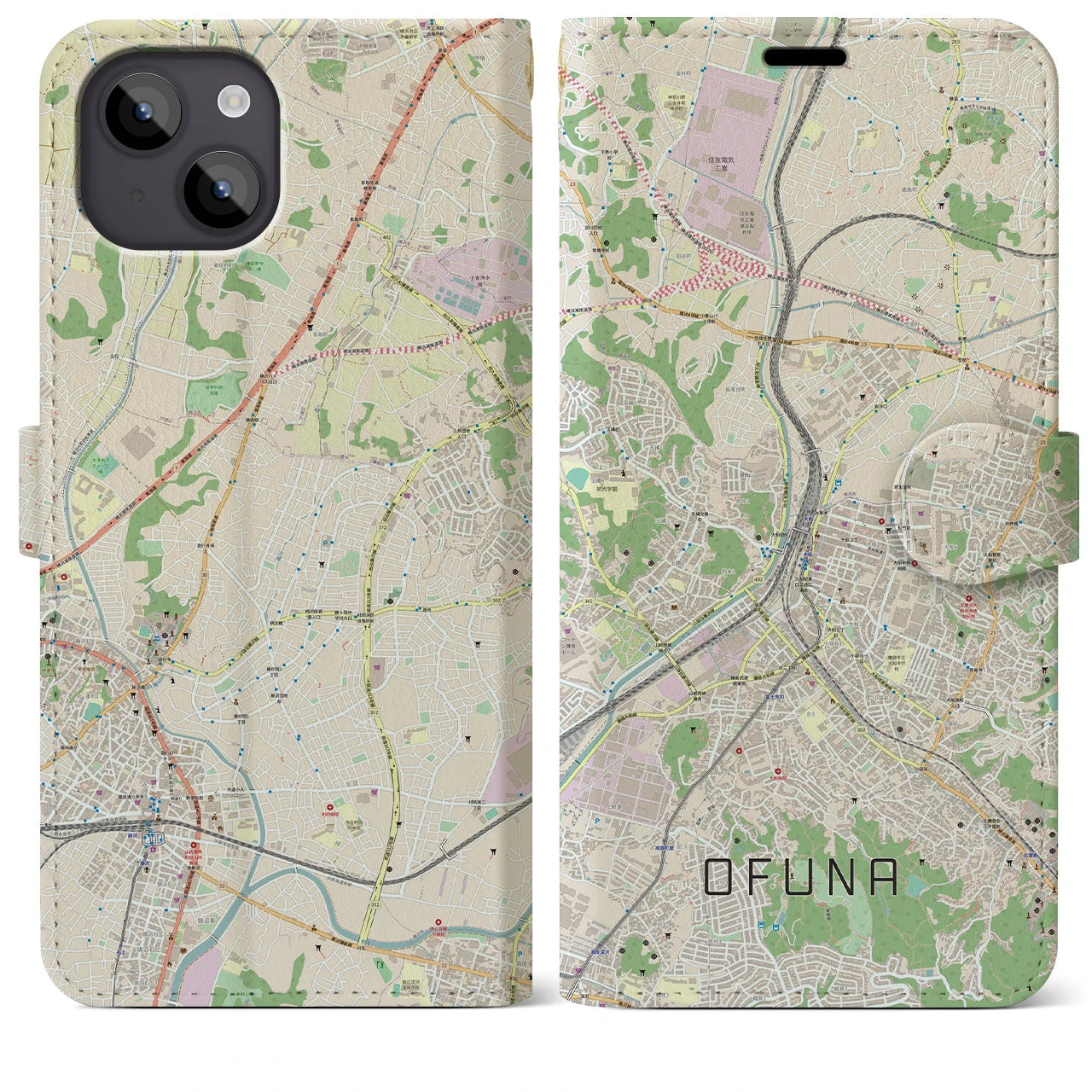 【大船(神奈川県)】地図柄iPhoneケース(手帳タイプ)ナチュラル・iPhone 14 Plus 用