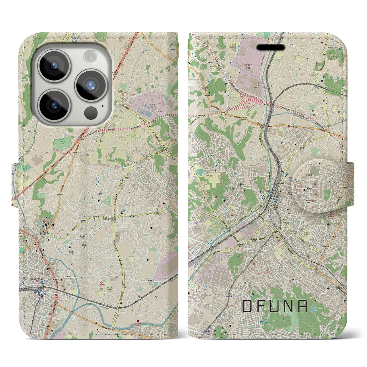 【大船(神奈川県)】地図柄iPhoneケース(手帳タイプ)ナチュラル・iPhone 15 Pro 用