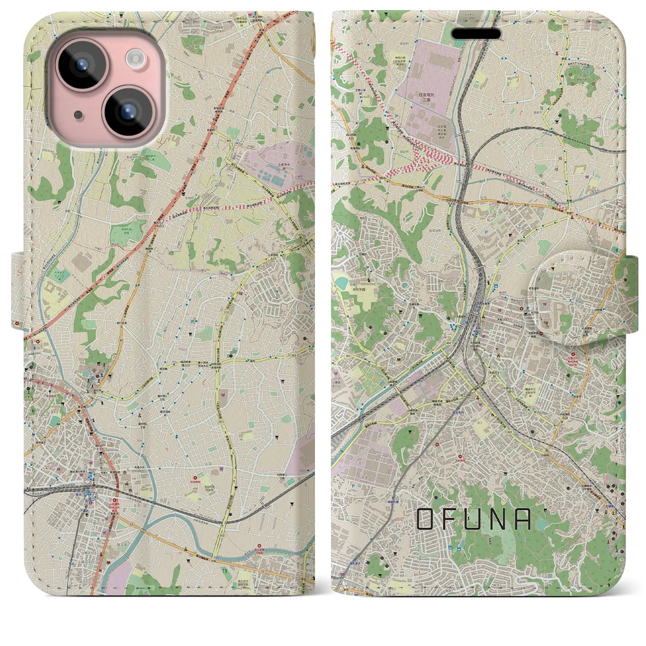 【大船(神奈川県)】地図柄iPhoneケース(手帳タイプ)ナチュラル・iPhone 15 Plus 用