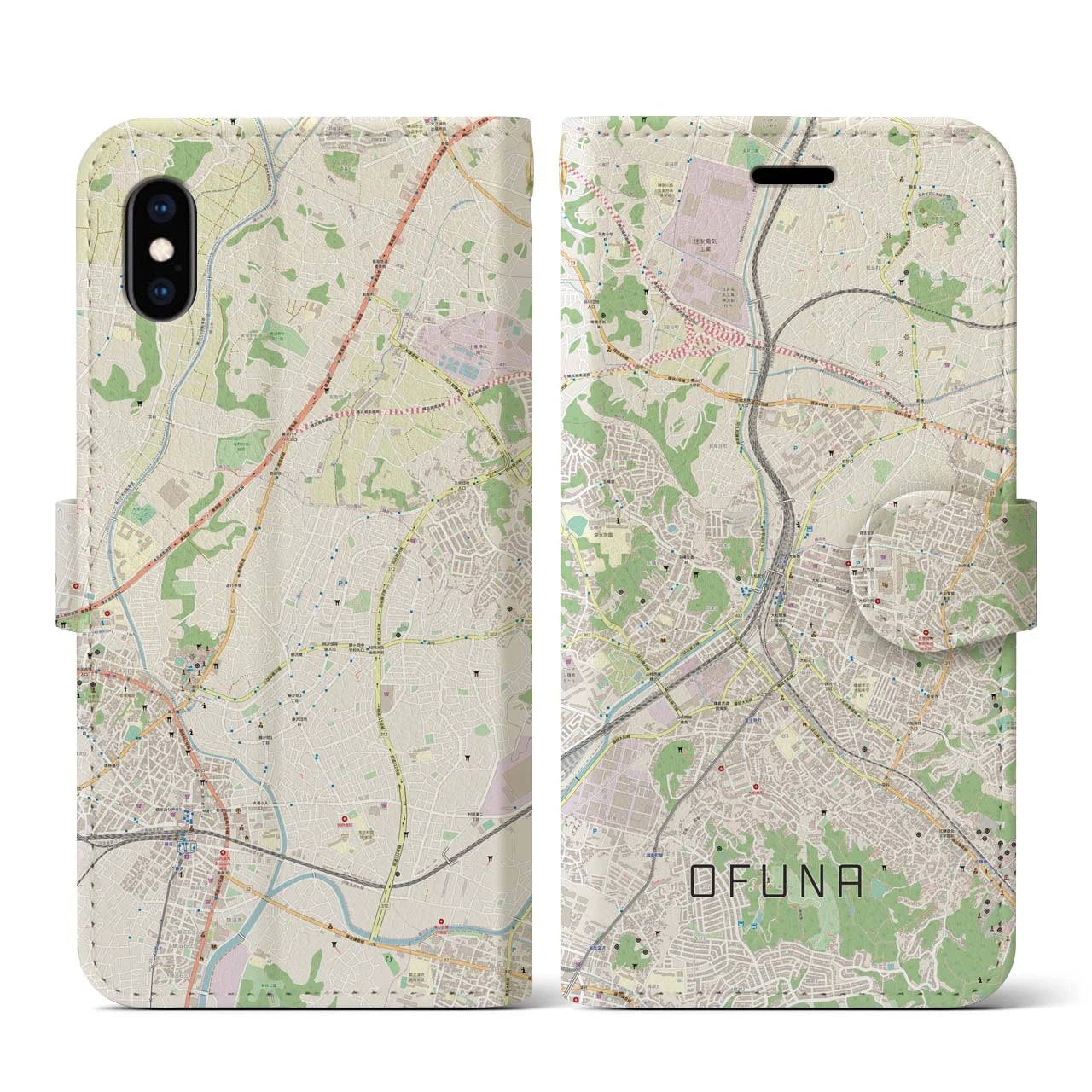 【大船(神奈川県)】地図柄iPhoneケース(手帳タイプ)ナチュラル・iPhone XS / X 用