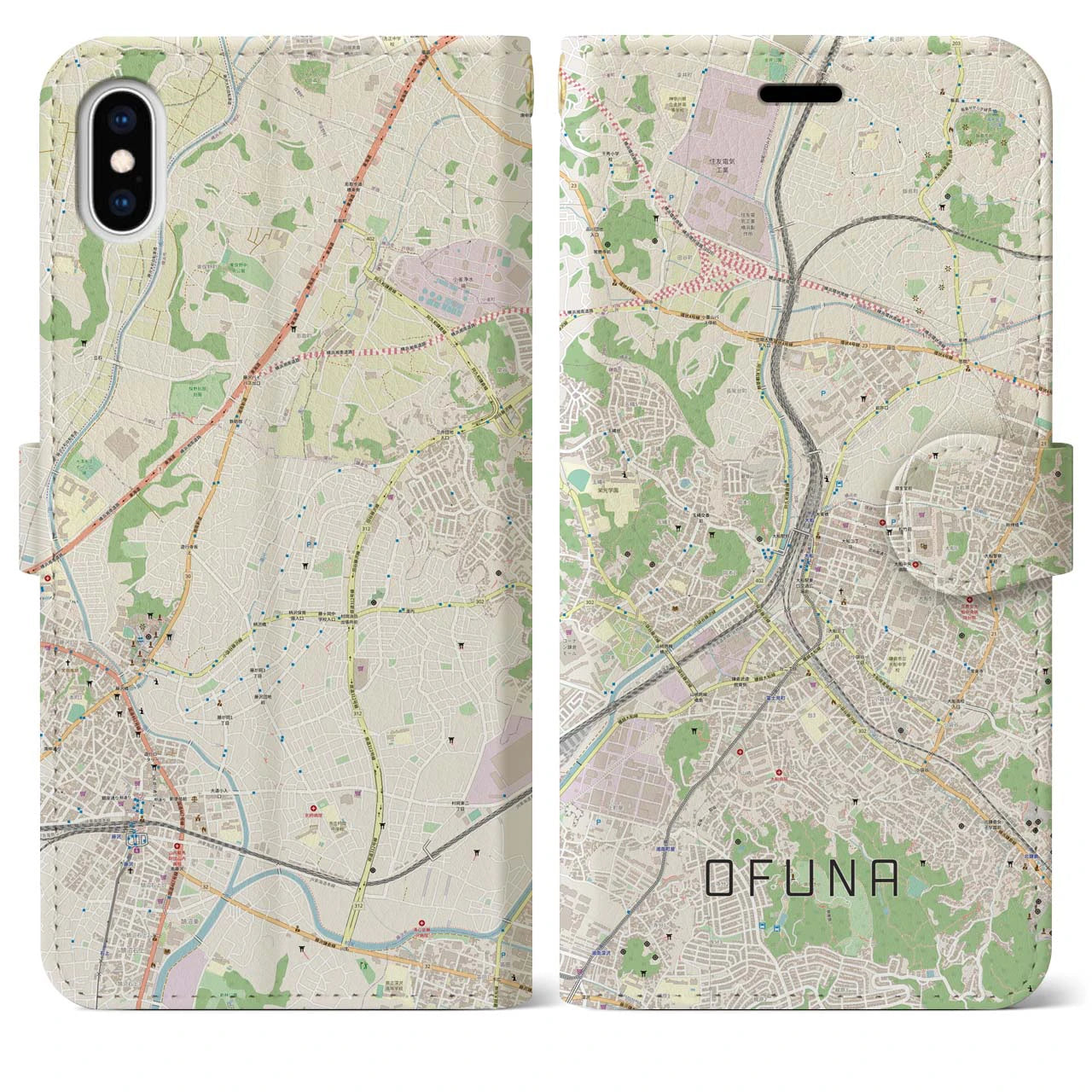 【大船(神奈川県)】地図柄iPhoneケース(手帳タイプ)ナチュラル・iPhone XS Max 用