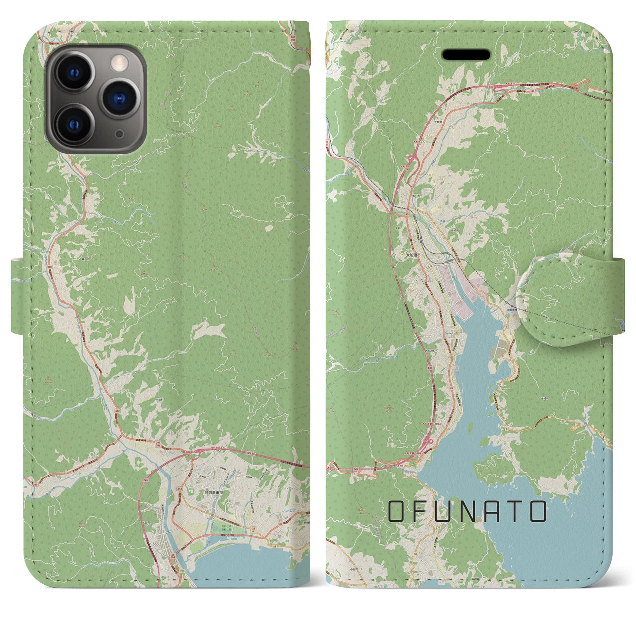 【大船渡(岩手県)】地図柄iPhoneケース(手帳タイプ)ナチュラル・iPhone 11 Pro Max 用
