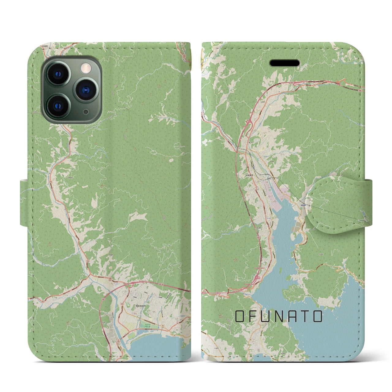 【大船渡(岩手県)】地図柄iPhoneケース(手帳タイプ)ナチュラル・iPhone 11 Pro 用