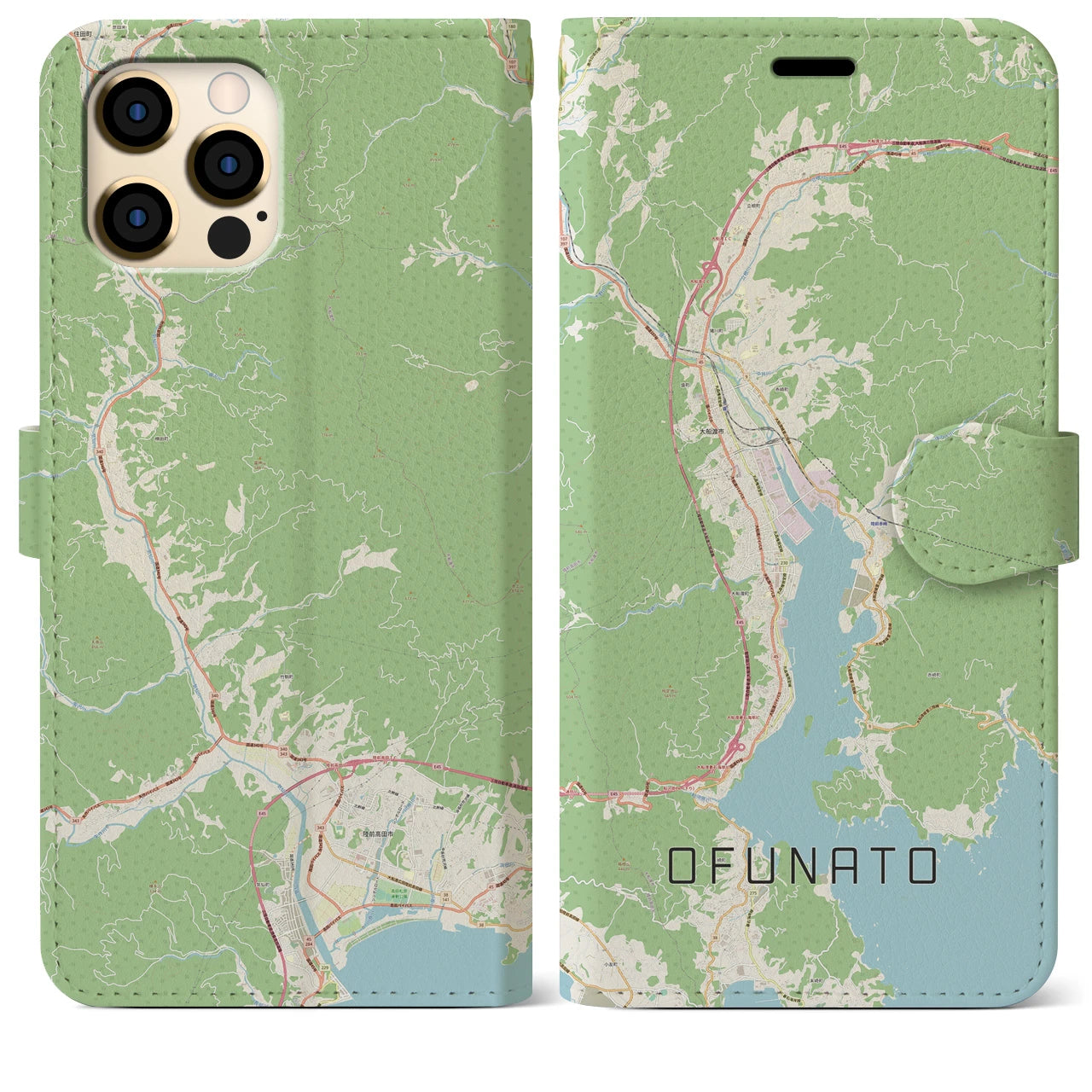 【大船渡(岩手県)】地図柄iPhoneケース(手帳タイプ)ナチュラル・iPhone 12 Pro Max 用