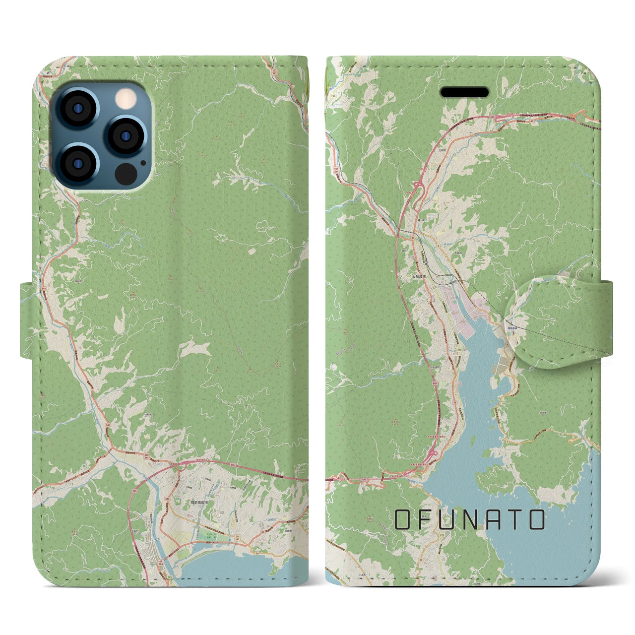 【大船渡(岩手県)】地図柄iPhoneケース(手帳タイプ)ナチュラル・iPhone 12 / 12 Pro 用