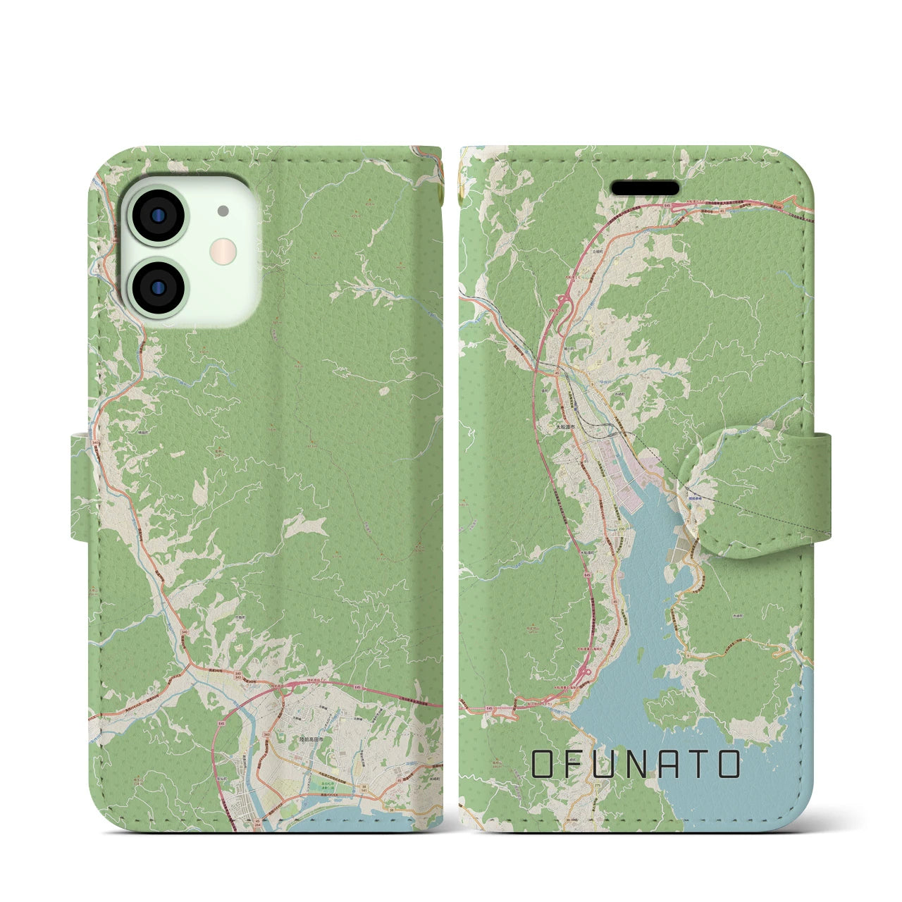 【大船渡(岩手県)】地図柄iPhoneケース(手帳タイプ)ナチュラル・iPhone 12 mini 用