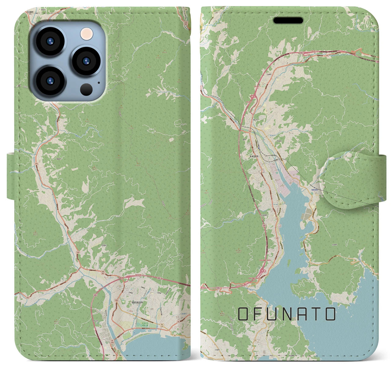 【大船渡(岩手県)】地図柄iPhoneケース(手帳タイプ)ナチュラル・iPhone 13 Pro Max 用