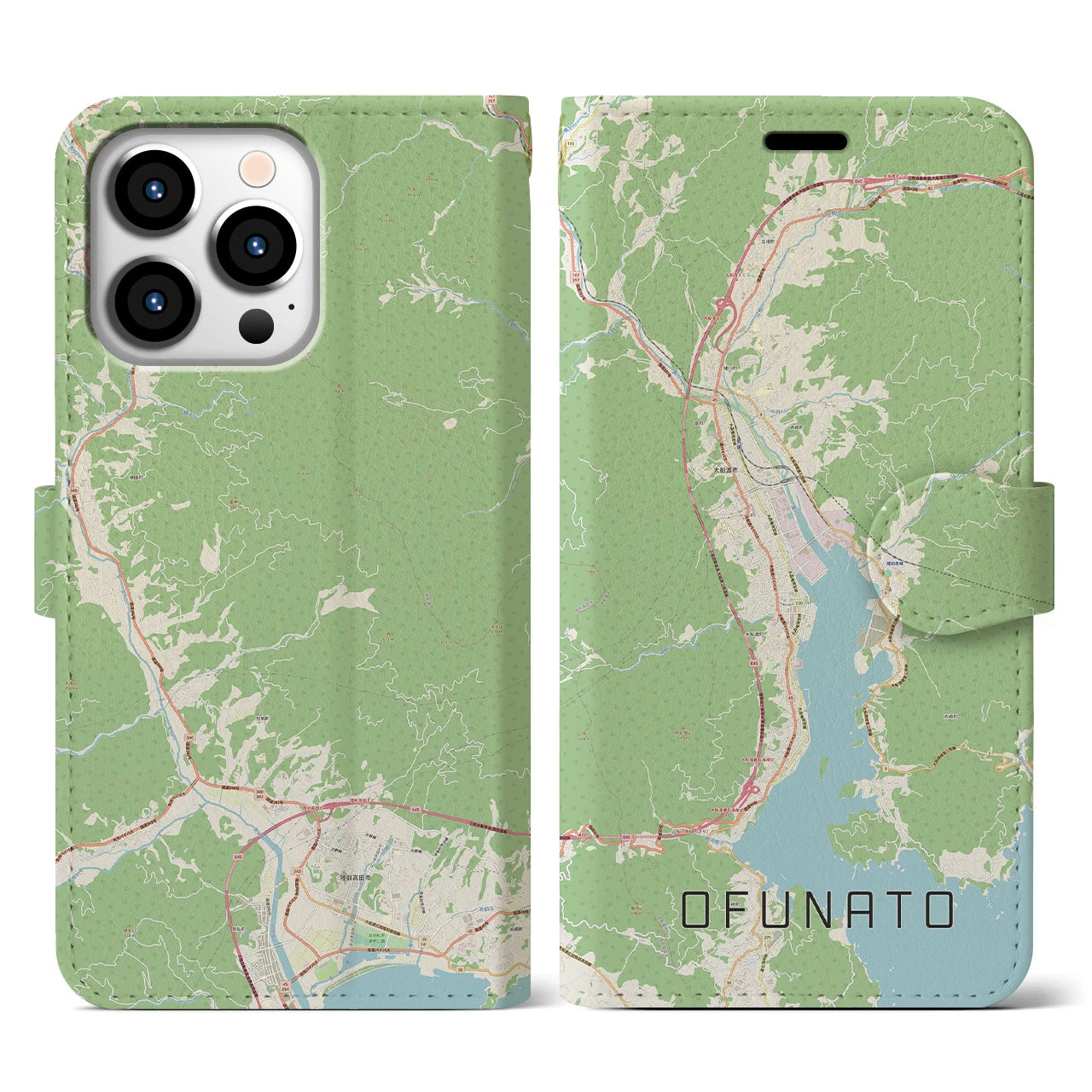 【大船渡(岩手県)】地図柄iPhoneケース(手帳タイプ)ナチュラル・iPhone 13 Pro 用