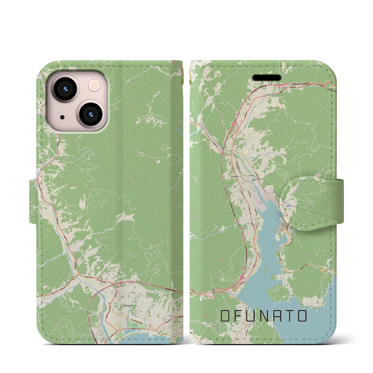 【大船渡(岩手県)】地図柄iPhoneケース(手帳タイプ)ナチュラル・iPhone 13 mini 用
