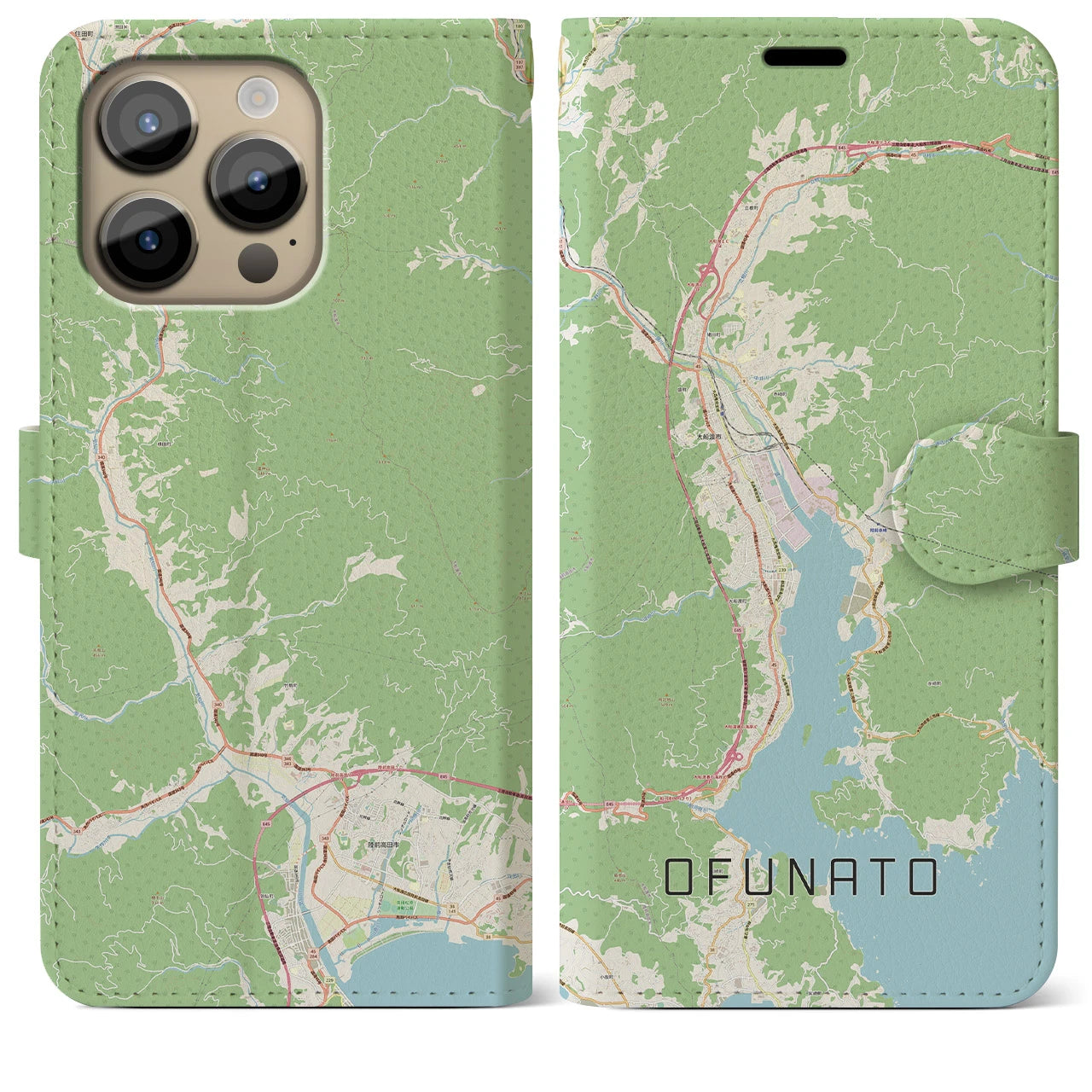 【大船渡(岩手県)】地図柄iPhoneケース(手帳タイプ)ナチュラル・iPhone 14 Pro Max 用
