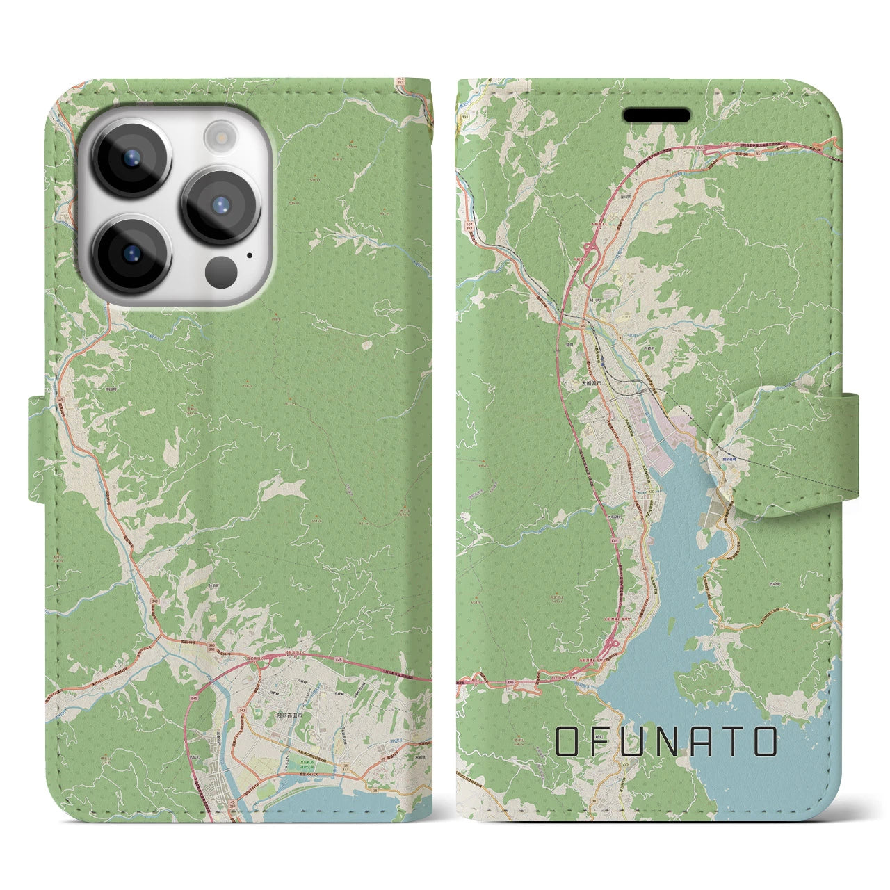 【大船渡(岩手県)】地図柄iPhoneケース(手帳タイプ)ナチュラル・iPhone 14 Pro 用