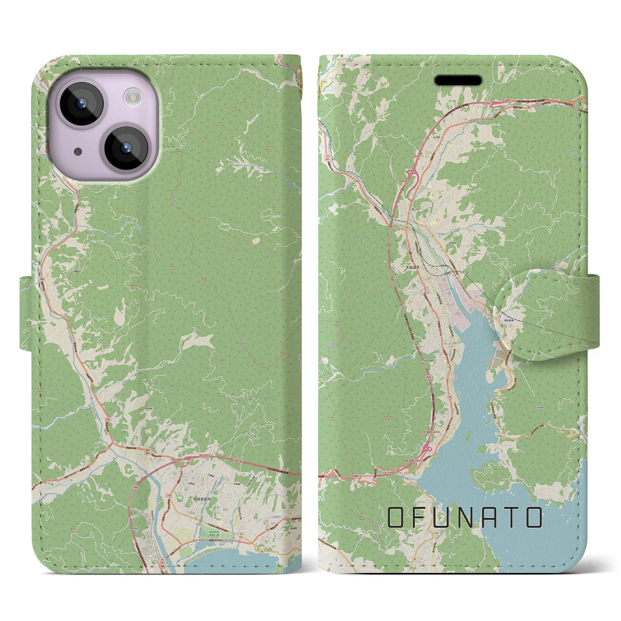 【大船渡(岩手県)】地図柄iPhoneケース(手帳タイプ)ナチュラル・iPhone 14 用