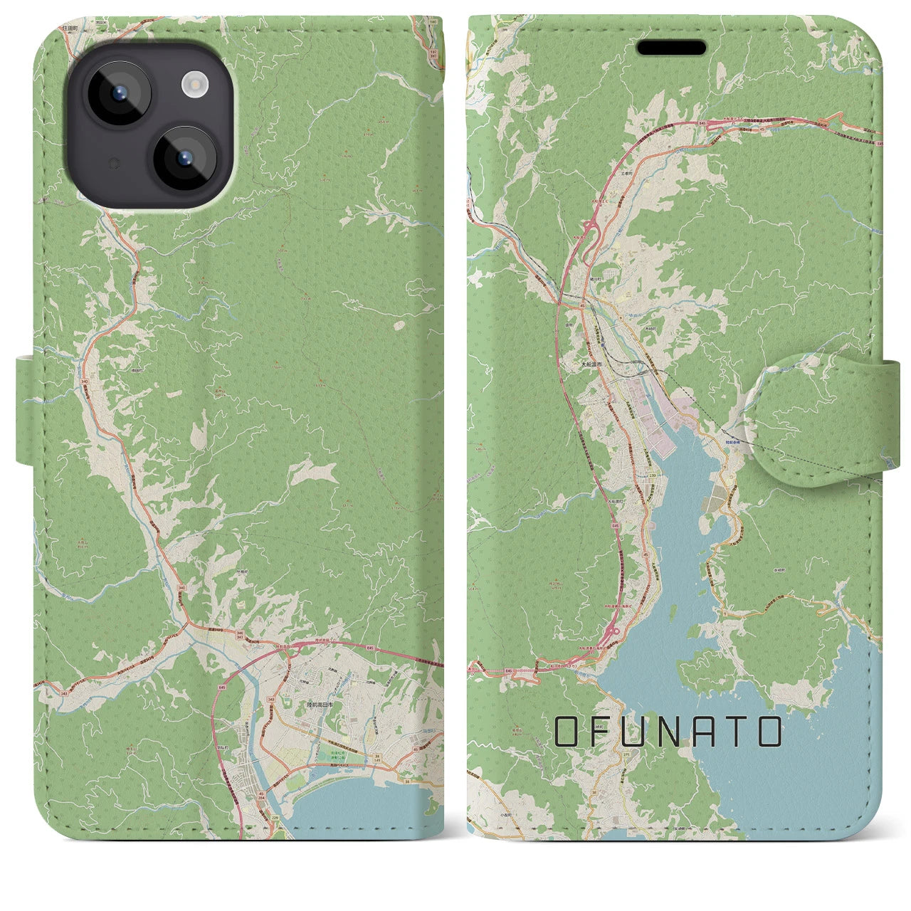 【大船渡(岩手県)】地図柄iPhoneケース(手帳タイプ)ナチュラル・iPhone 14 Plus 用