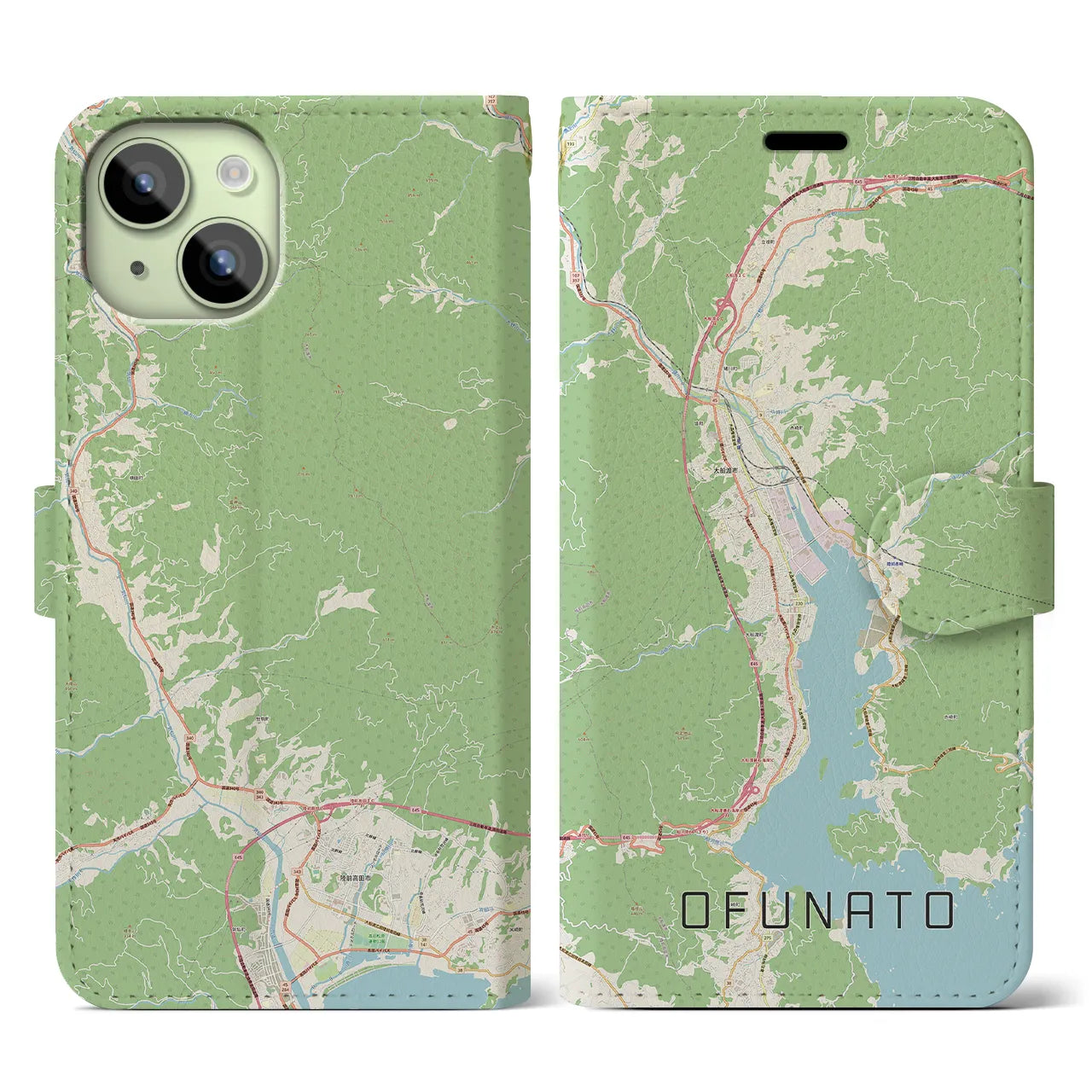 【大船渡(岩手県)】地図柄iPhoneケース(手帳タイプ)ナチュラル・iPhone 15 用