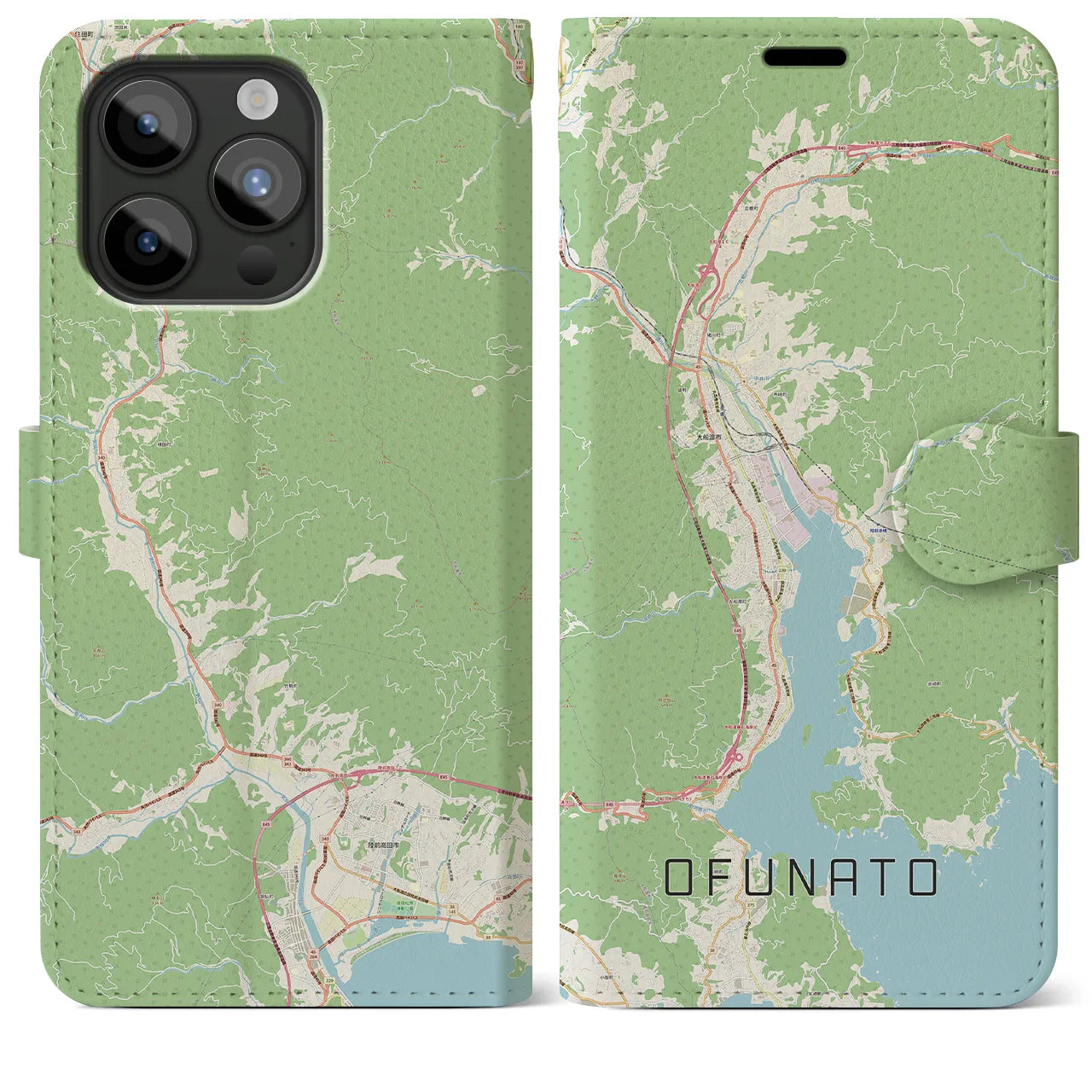 【大船渡(岩手県)】地図柄iPhoneケース(手帳タイプ)ナチュラル・iPhone 15 Pro Max 用