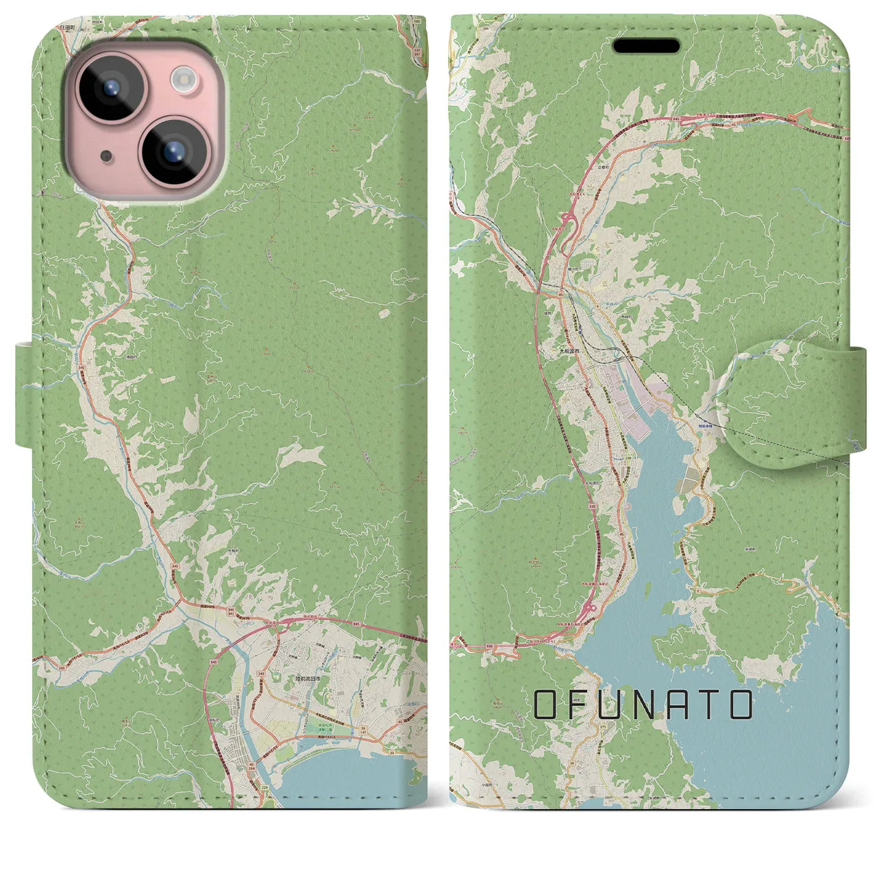 【大船渡(岩手県)】地図柄iPhoneケース(手帳タイプ)ナチュラル・iPhone 15 Plus 用