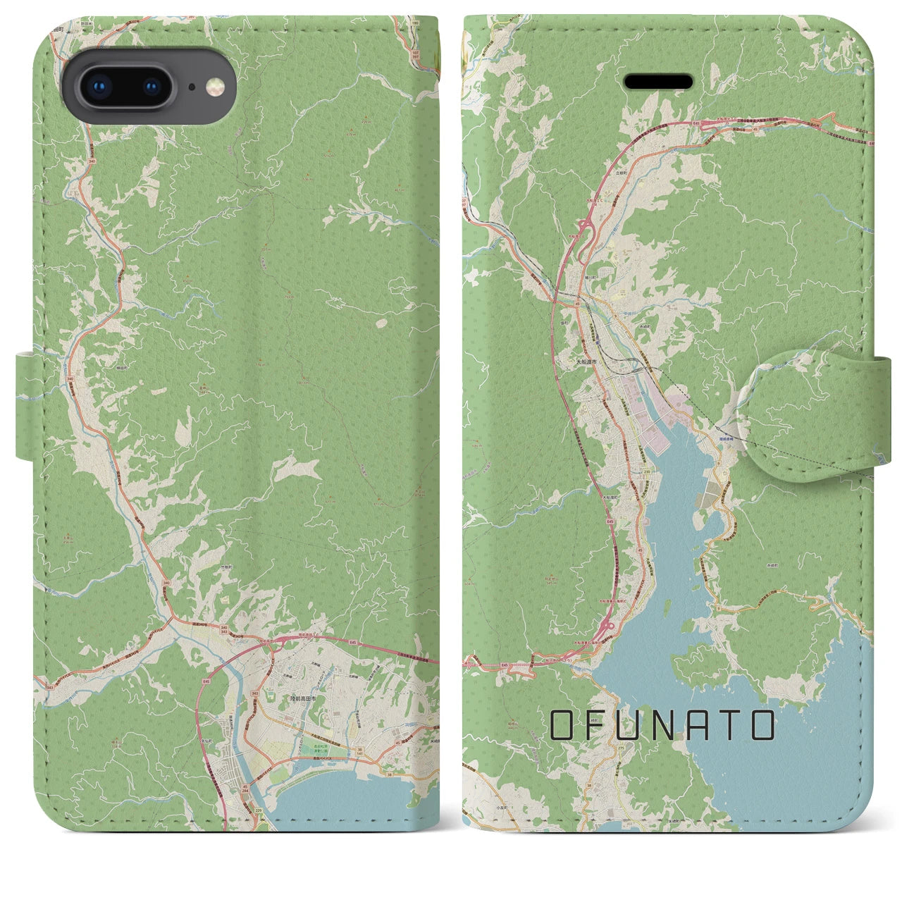 【大船渡(岩手県)】地図柄iPhoneケース(手帳タイプ)ナチュラル・iPhone 8Plus /7Plus / 6sPlus / 6Plus 用