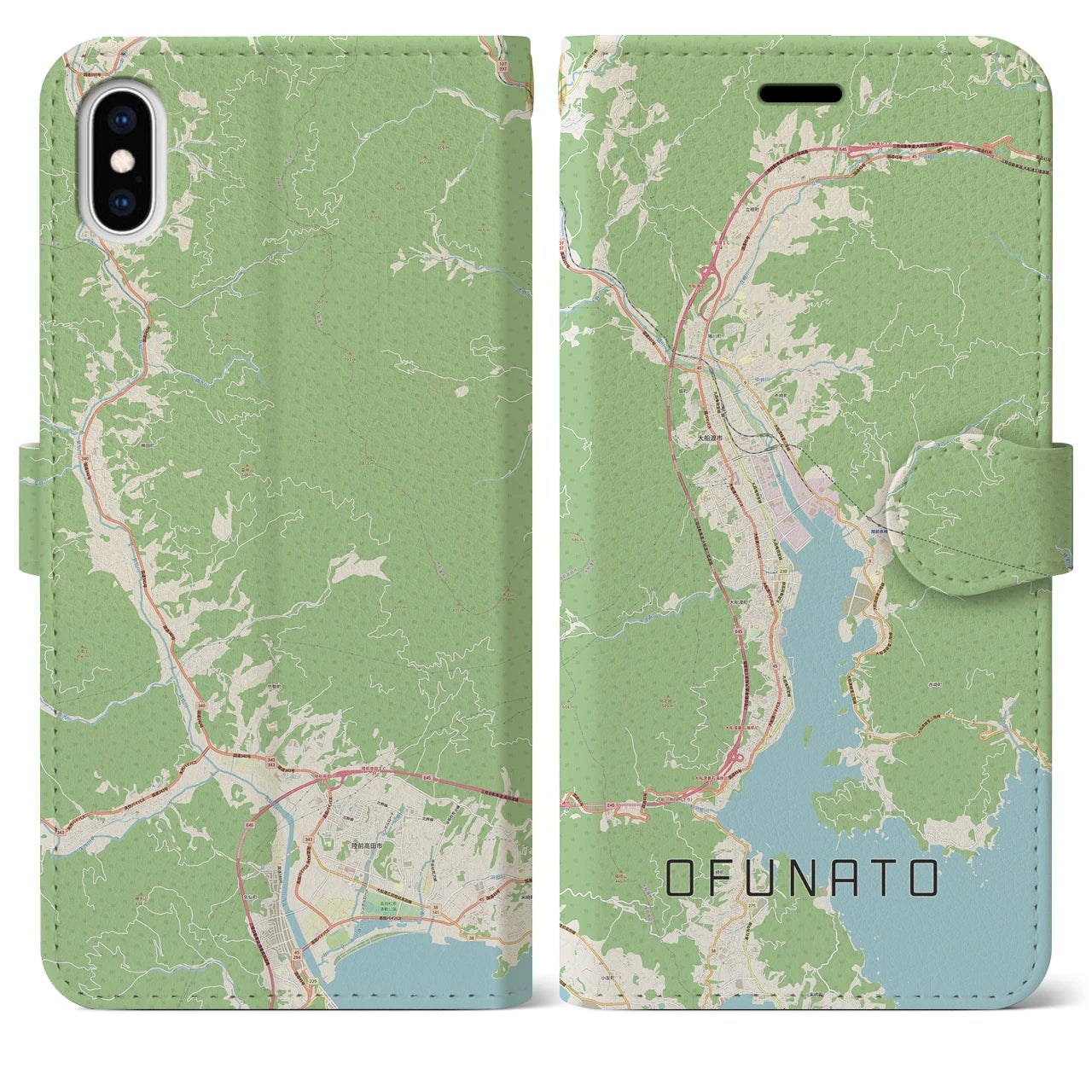 【大船渡(岩手県)】地図柄iPhoneケース(手帳タイプ)ナチュラル・iPhone XS Max 用