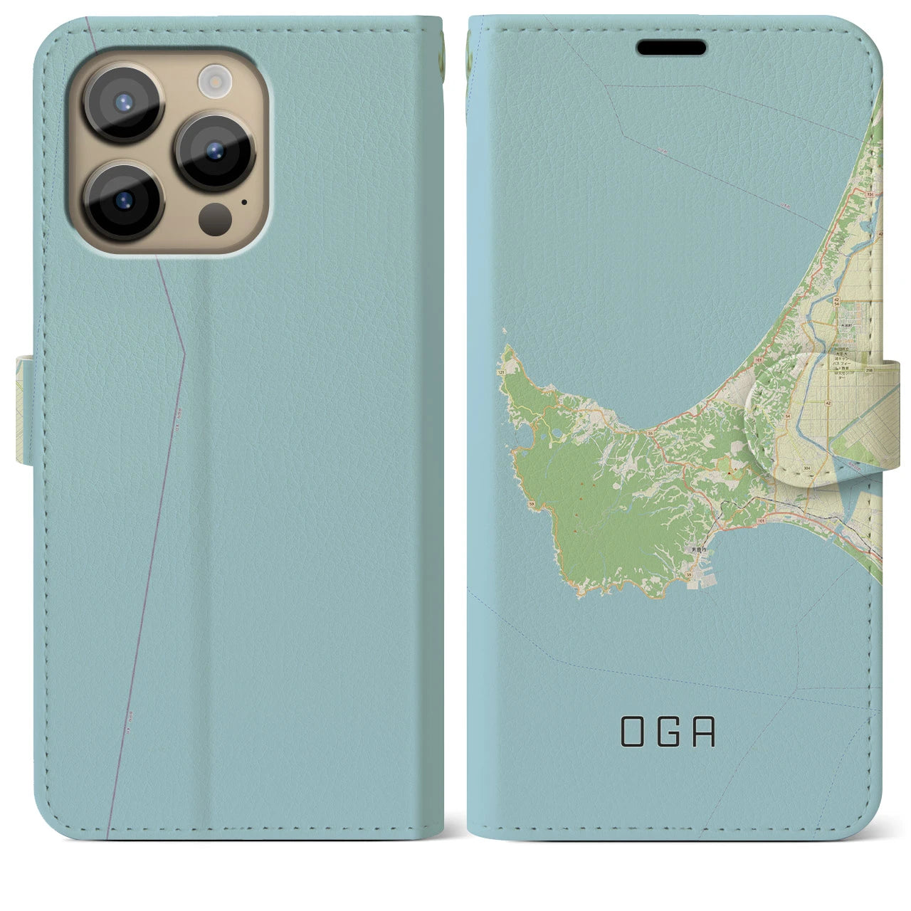 【男鹿(秋田県)】地図柄iPhoneケース(手帳タイプ)ナチュラル・iPhone 14 Pro Max 用