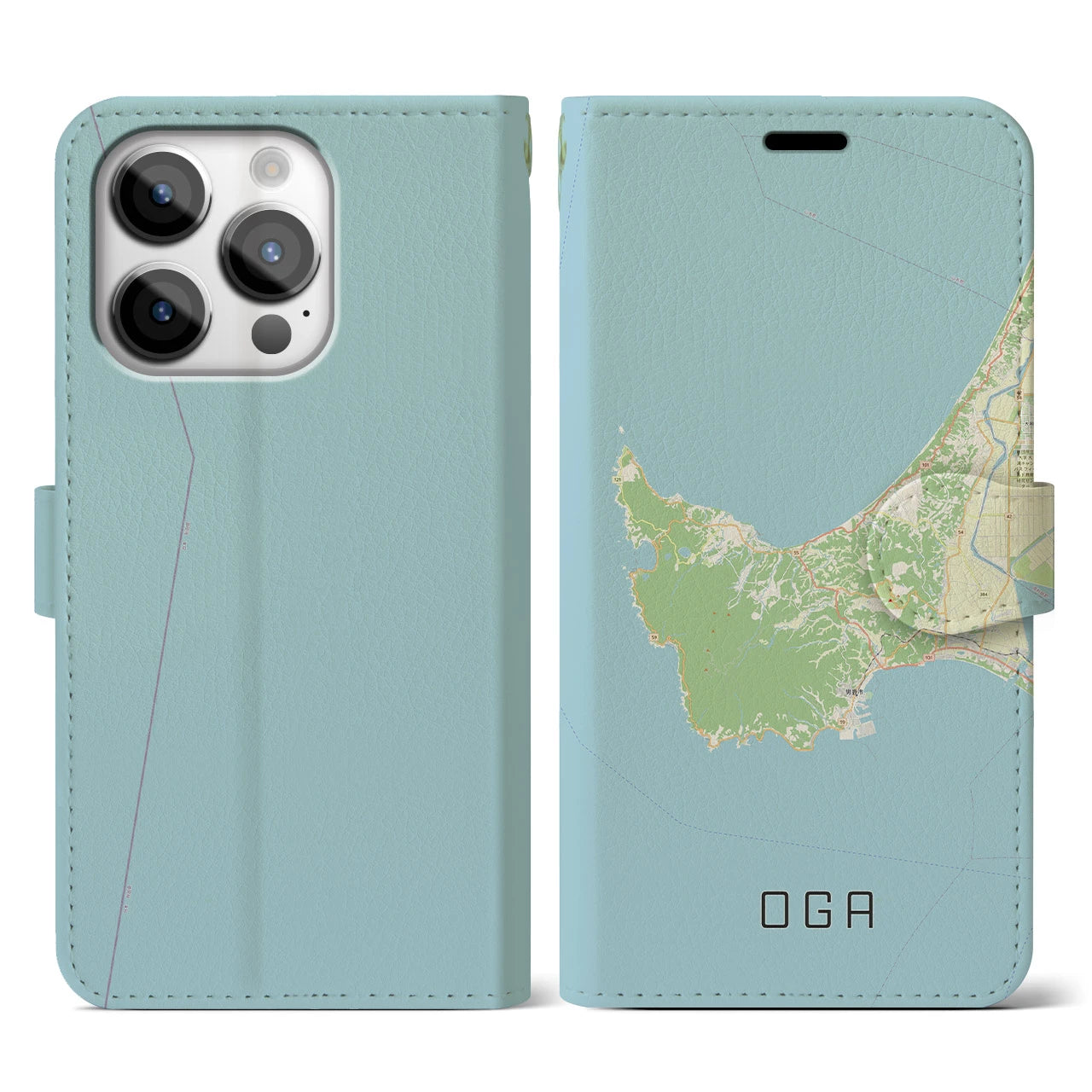 【男鹿(秋田県)】地図柄iPhoneケース(手帳タイプ)ナチュラル・iPhone 14 Pro 用