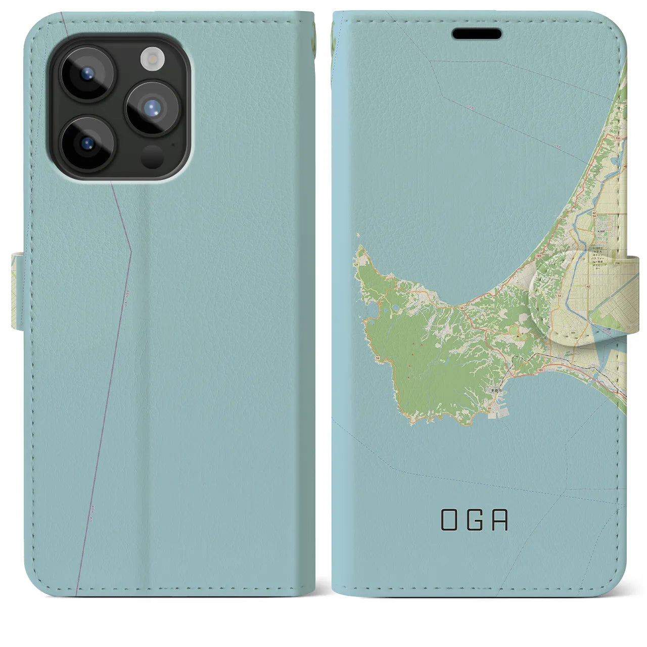 【男鹿(秋田県)】地図柄iPhoneケース(手帳タイプ)ナチュラル・iPhone 15 Pro Max 用